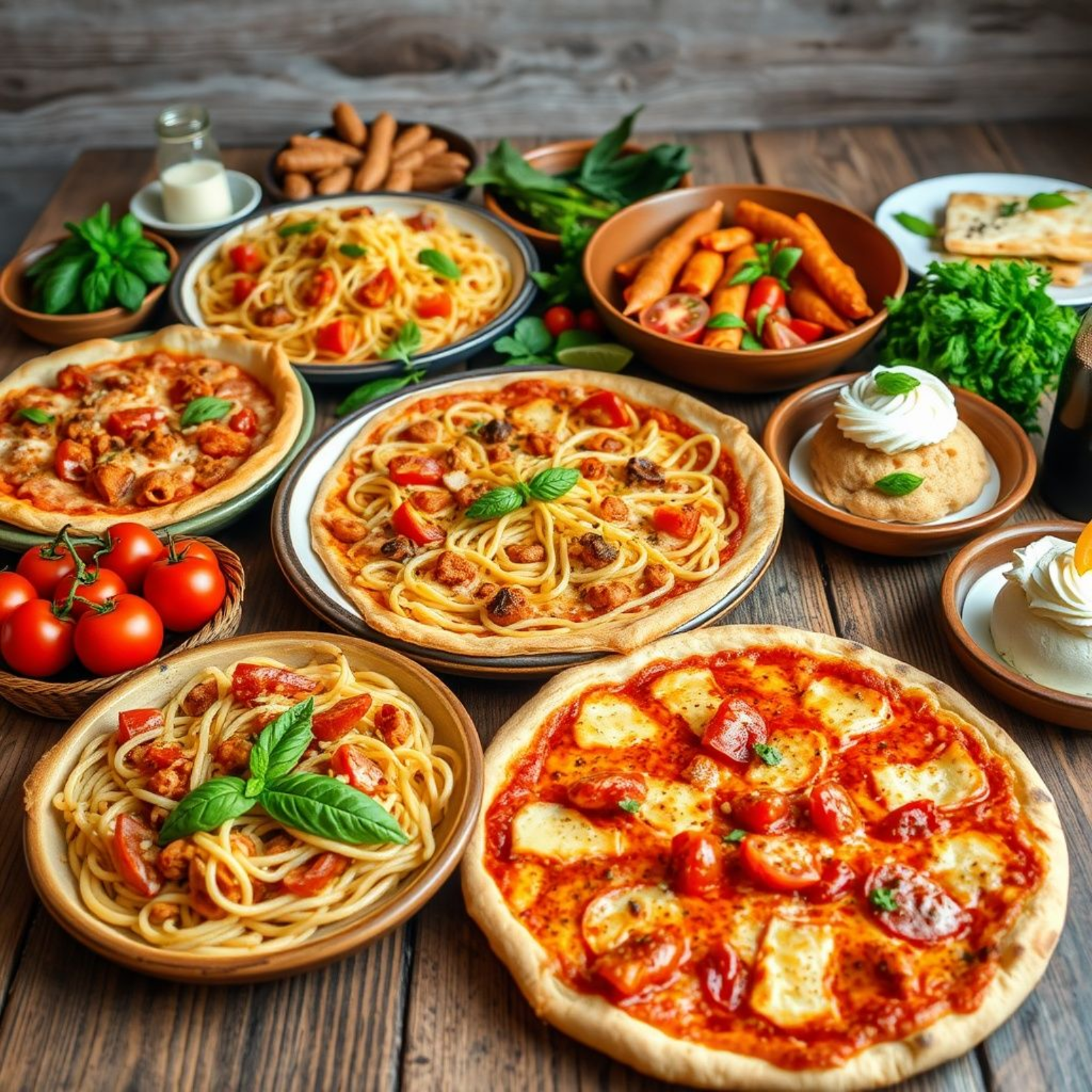 Platillos auténticos de comida italiana, incluidos pasta, pizza y postres tradicionales, preparados con ingredientes frescos y regionales