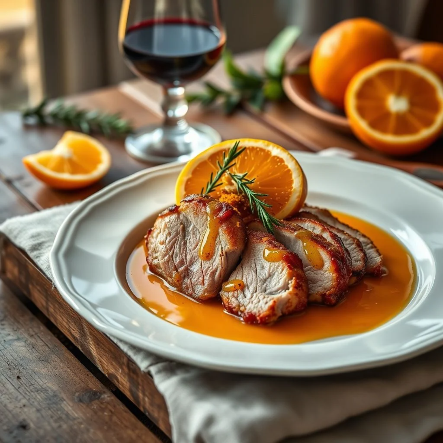 Suculento Pato a la Naranja en rodajas con piel crujiente, brillante salsa cítrica y guarnición de naranja fresca en elegante plato blanco