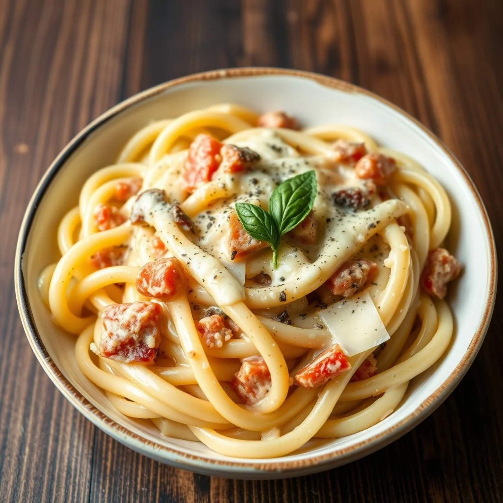 Authentic Italian carbonara pasta with eggs, pecorino romano cheese, pancetta, and black pepper.