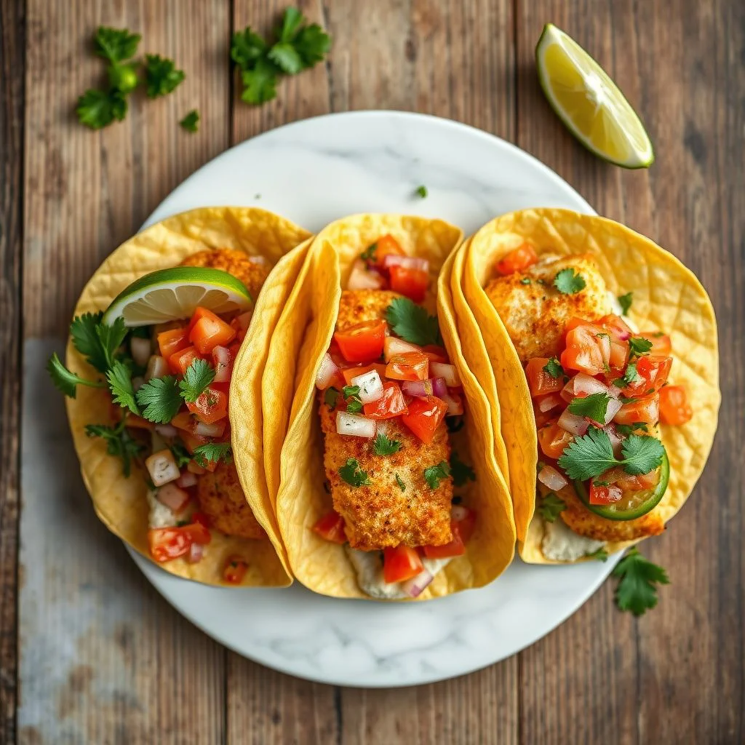 Tacos de pescado crujientes servidos en tortillas de maíz, acompañados de salsa fresca de tomate, cebolla y jalapeño, listos para disfrutar en casa.