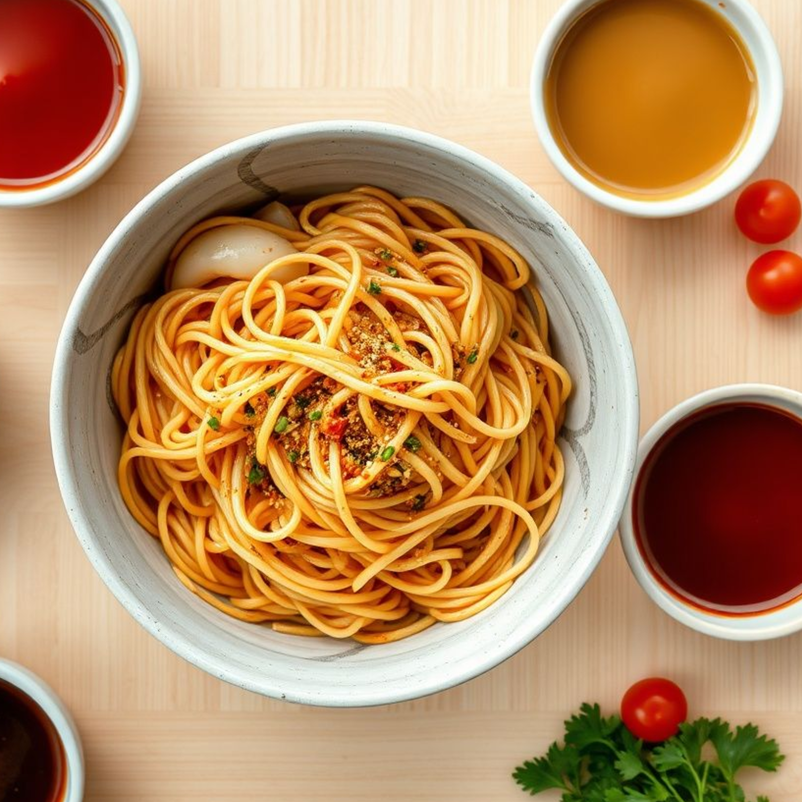 Vista aérea de un tazón humeante de yakisoba con cinco pequeños cuencos de diferentes salsas agridulces caseras dispuestos en círculo sobre una mesa de madera, acompañados de guarniciones frescas