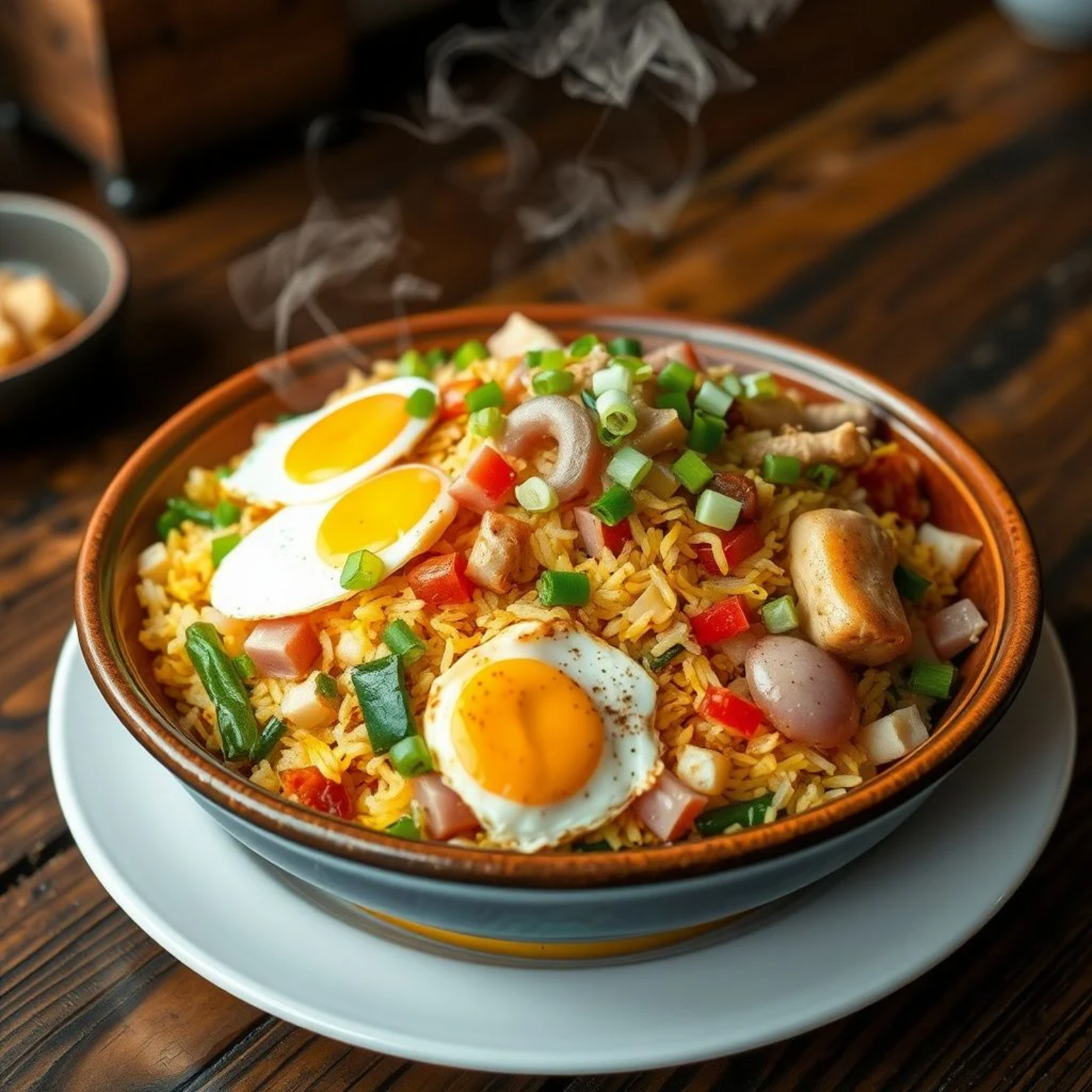 Un delicioso y colorido plato de arroz tres delicias chino con verduras, jamón, pollo y una mezcla perfecta de salsas.