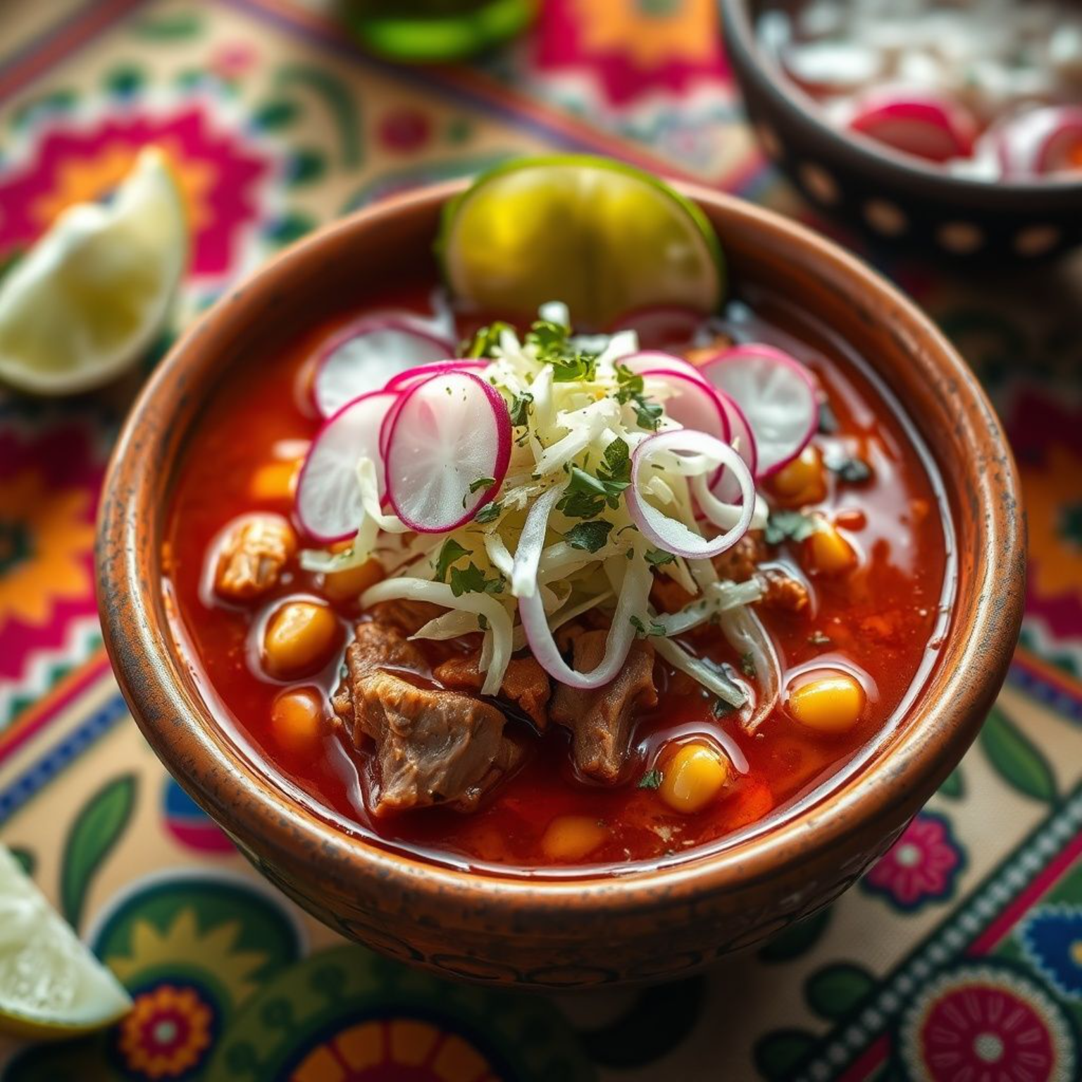 Pozole rojo tradicional servido en un tazón de barro con aderezos frescos y fondo de mantel mexicano.