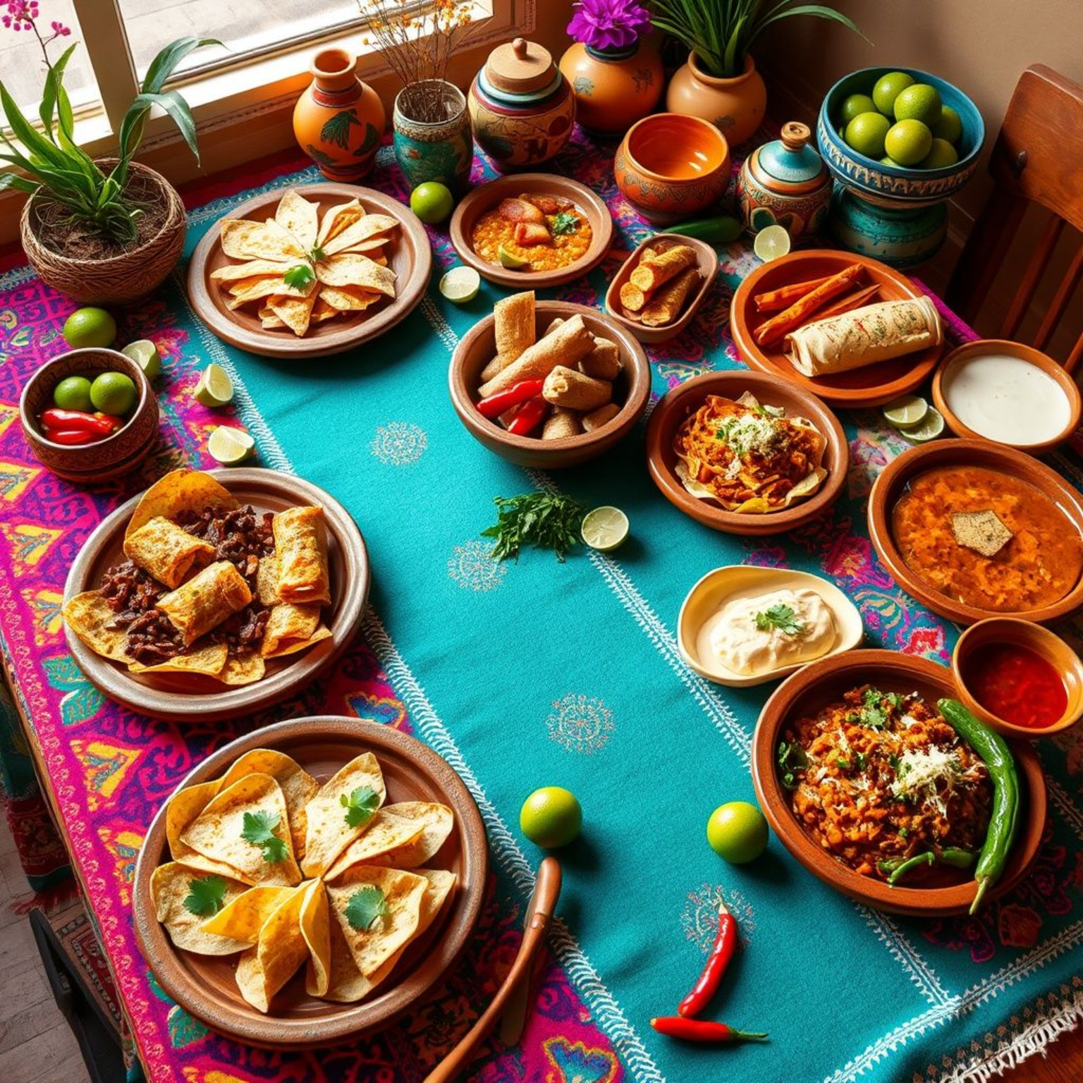 Mesa con variedad de platillos mexicanos tradicionales como tacos, enchiladas, sopes y tamales.