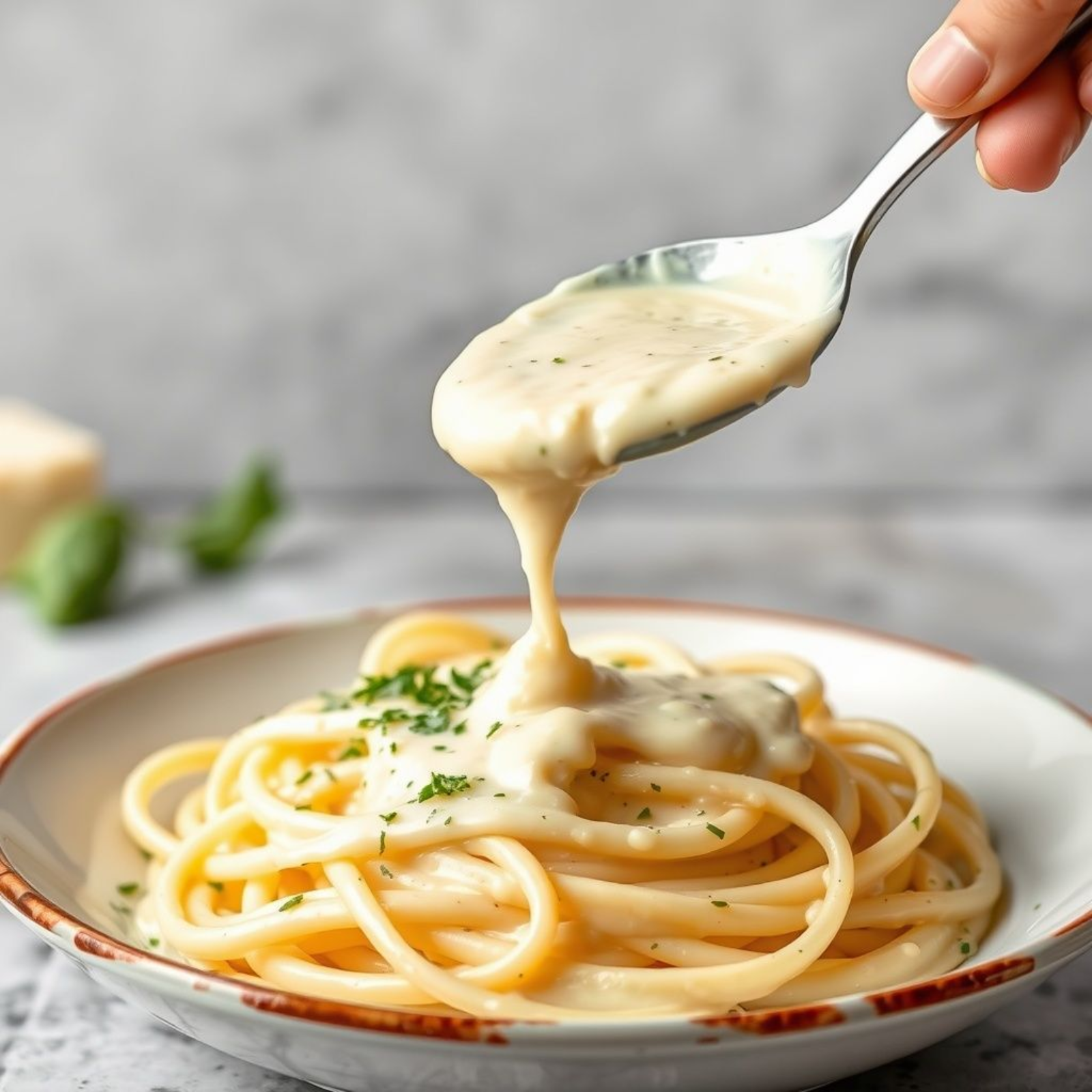 Salsa Alfredo cremosa y rica servida con pasta, decorada con perejil fresco, lista para disfrutar.