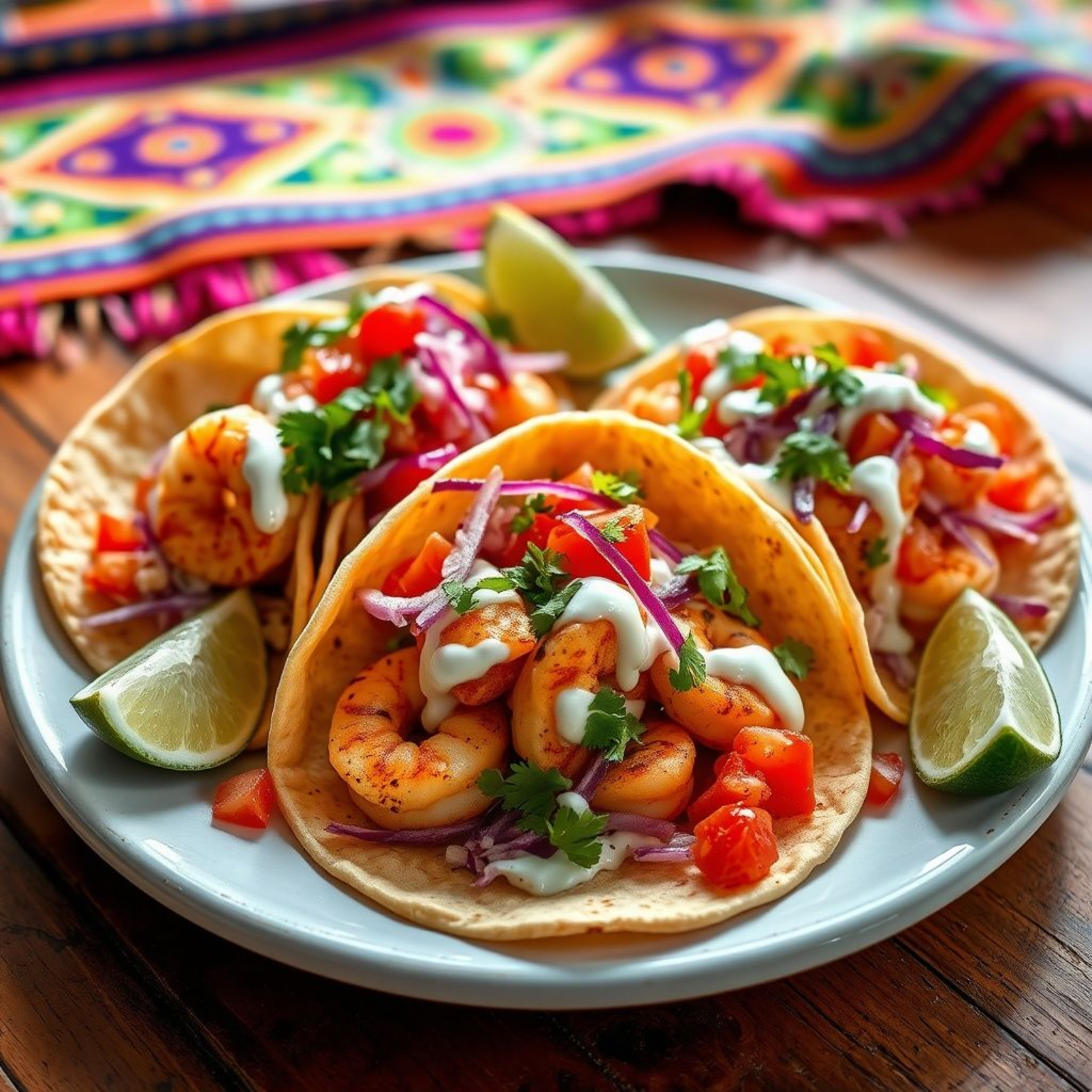 Tacos de camarón en tortillas de maíz con vegetales frescos y lima, sobre mesa decorativa mexicana.