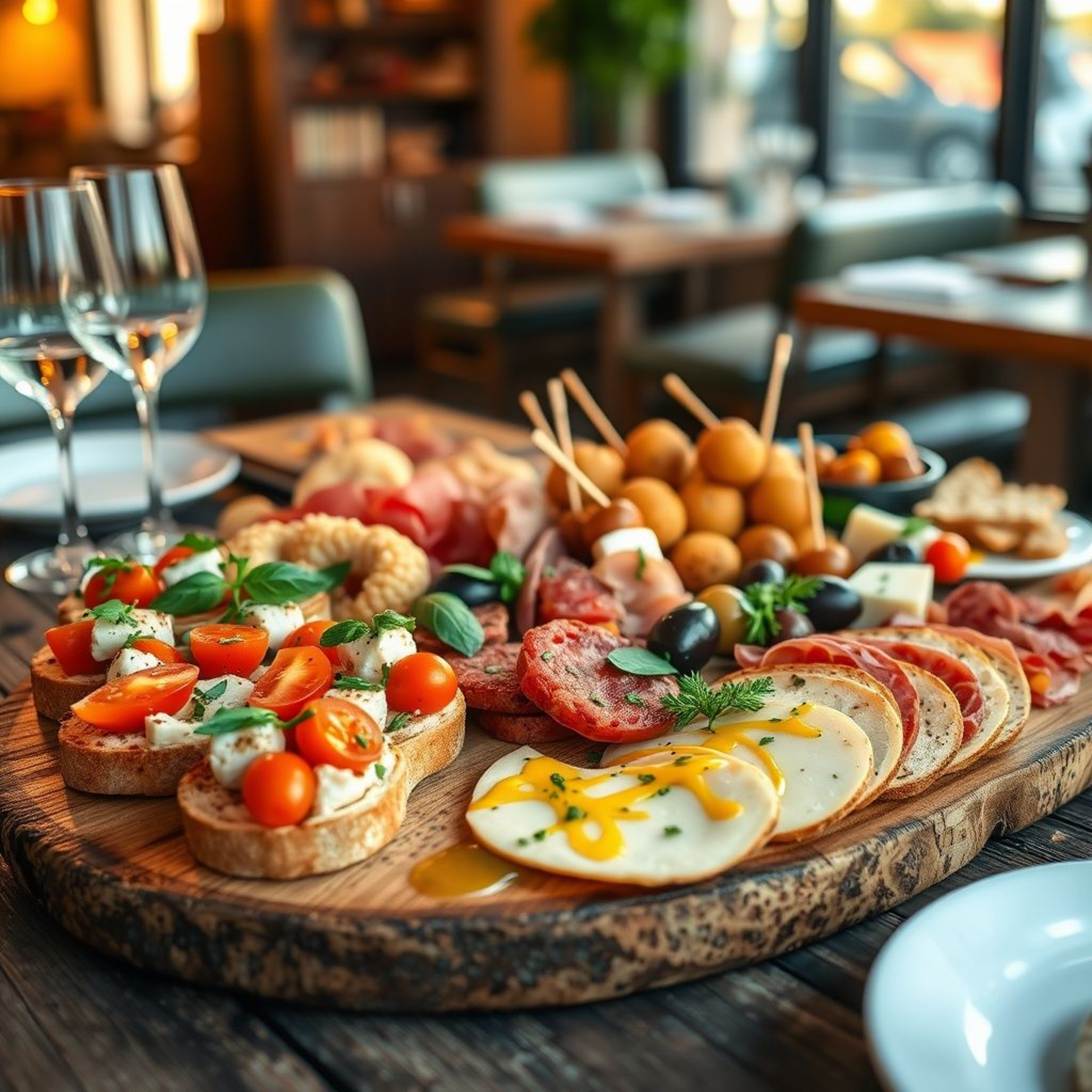Plato elegante de aperitivos italianos auténticos con bruschetta, arancini, pinchos caprese y focaccia sobre mesa rústica de madera