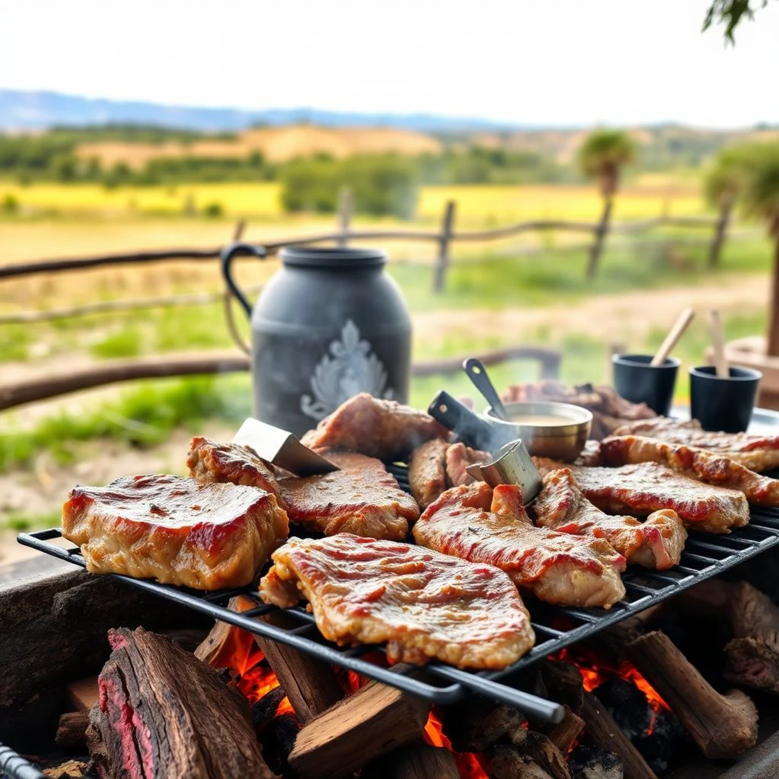 Asado argentino tradicional con varios cortes de carne a la parrilla sobre brasas de leña