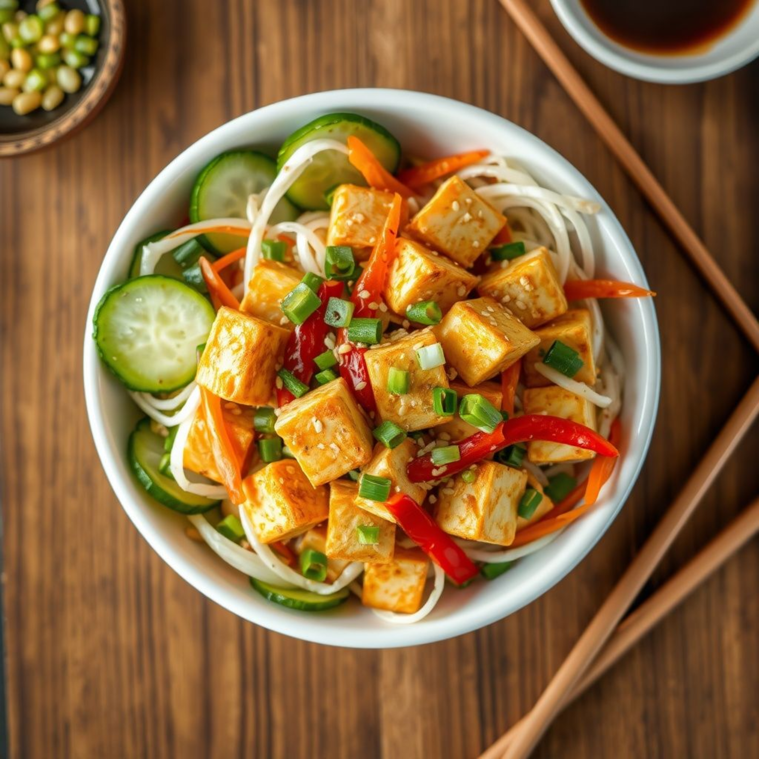 Ensalada china de tofu con vegetales frescos y salsa de sésamo servida en bowl blanco