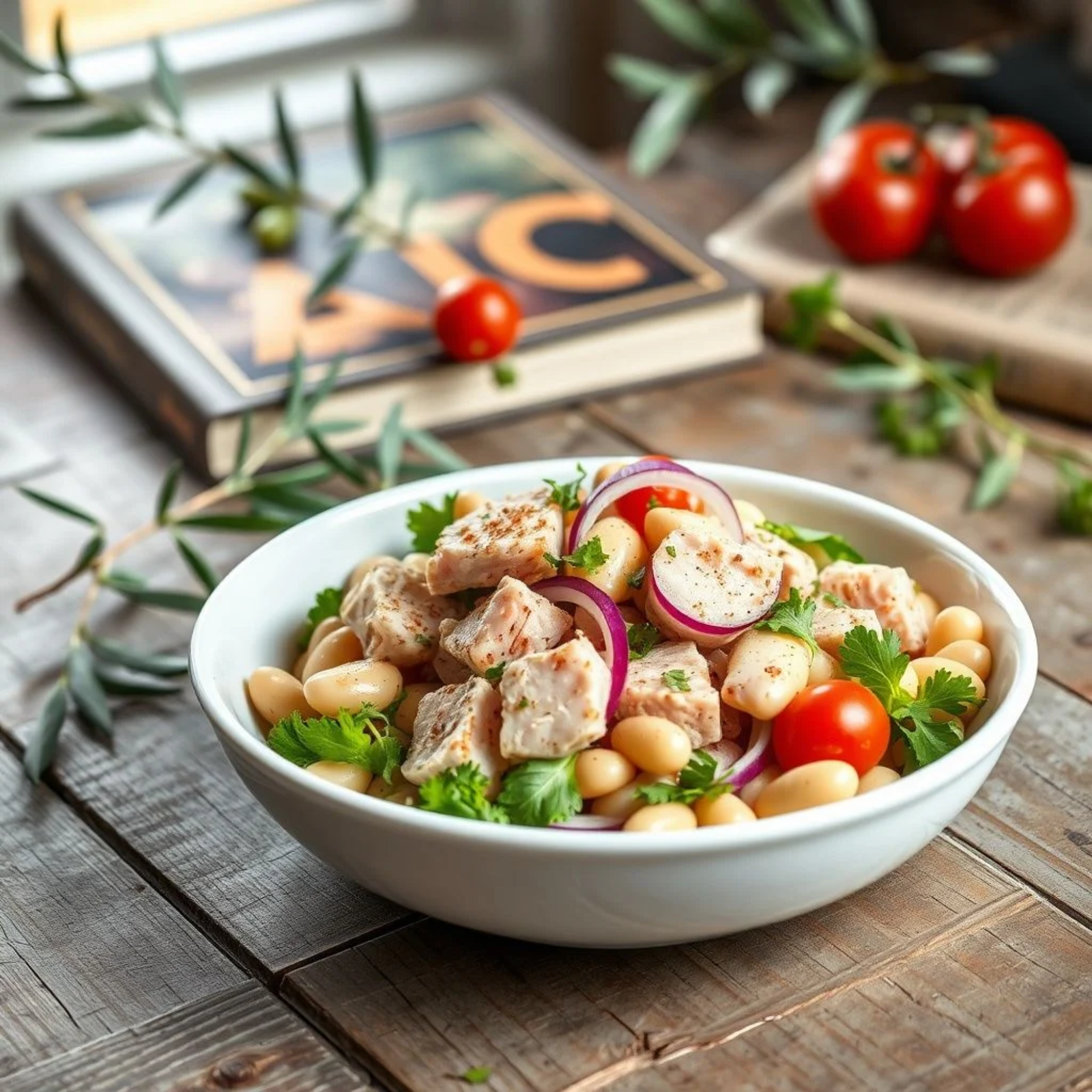 Ensalada italiana de atún con frijoles cannellini servida en bowl rústico con aceite de oliva