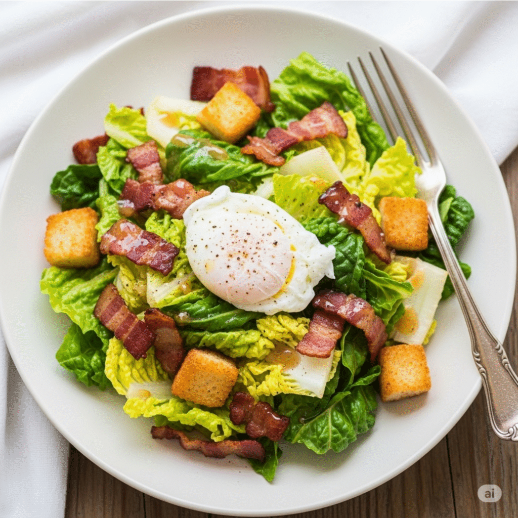 Auténtica Ensalada Lyonnaise Francesa con Huevo Pochado y Tocino - Receta Tradicional (2) Ensalada Lyonnaise francesa tradicional con huevo pochado dorado, tocino crujiente y lechuga frisée en presentación elegante de bistró