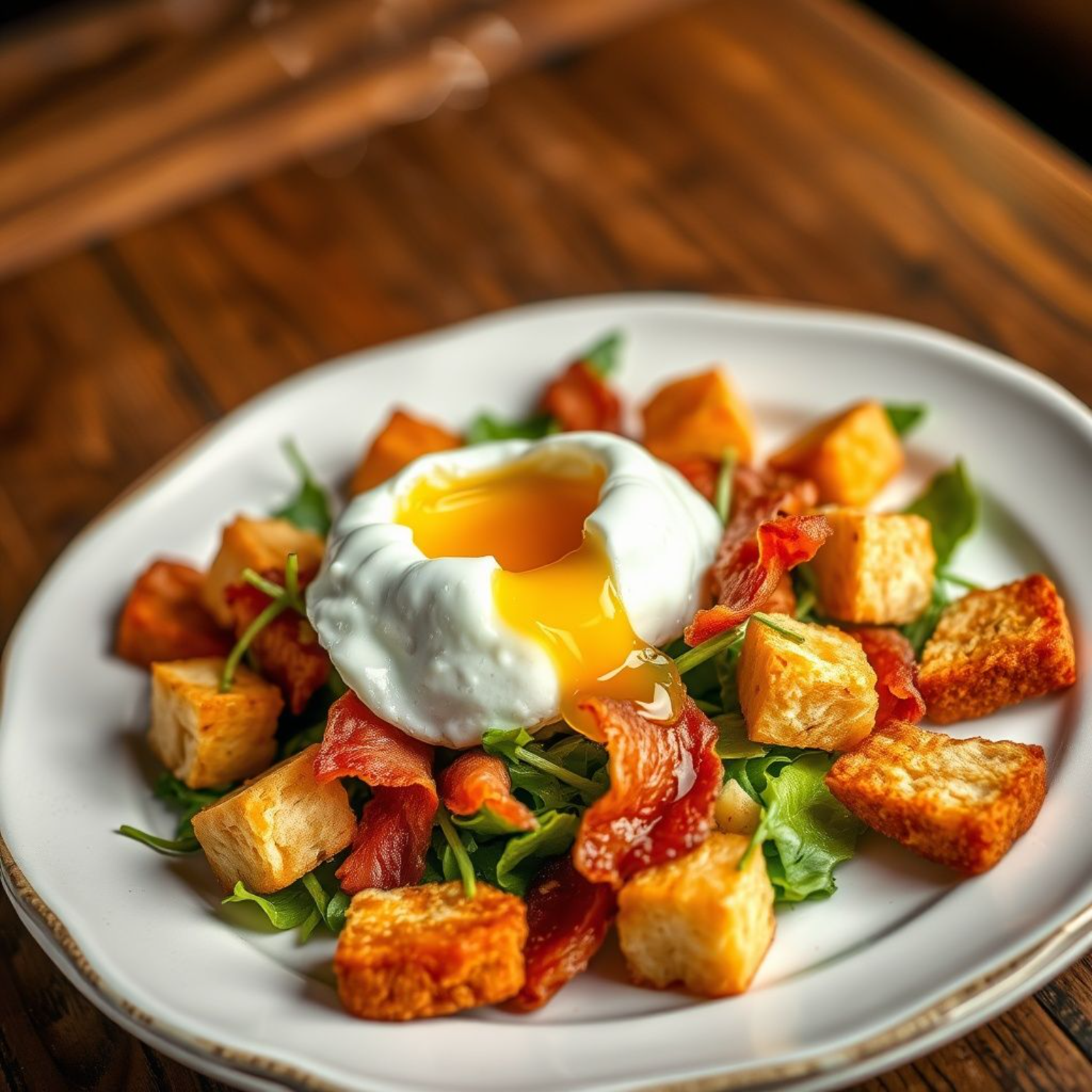 Ensalada Lyonnaise francesa tradicional con huevo pochado dorado, tocino crujiente y lechuga frisée en presentación elegante de bistró