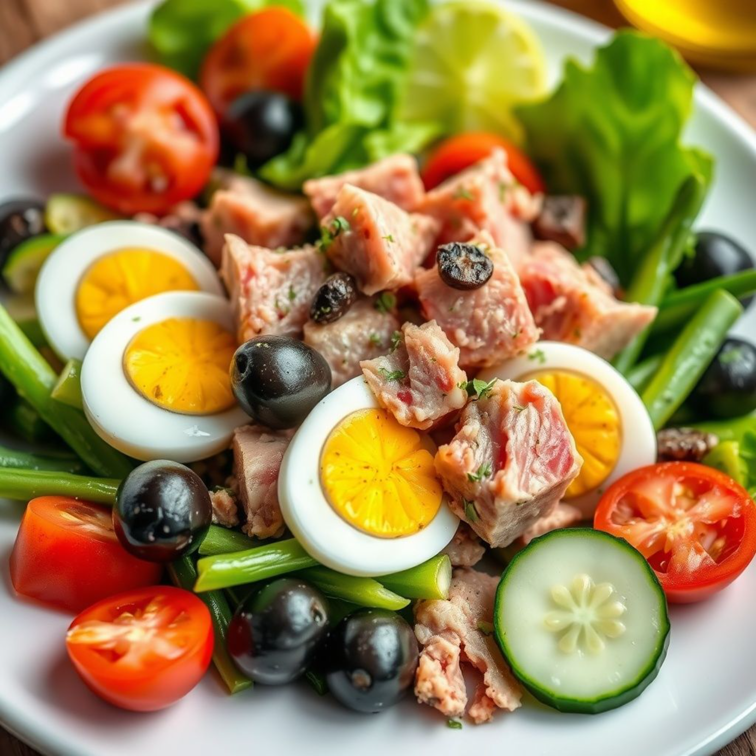 Ensalada Niçoise francesa tradicional con atún, aceitunas negras, huevos duros y vegetales frescos artísticamente presentada