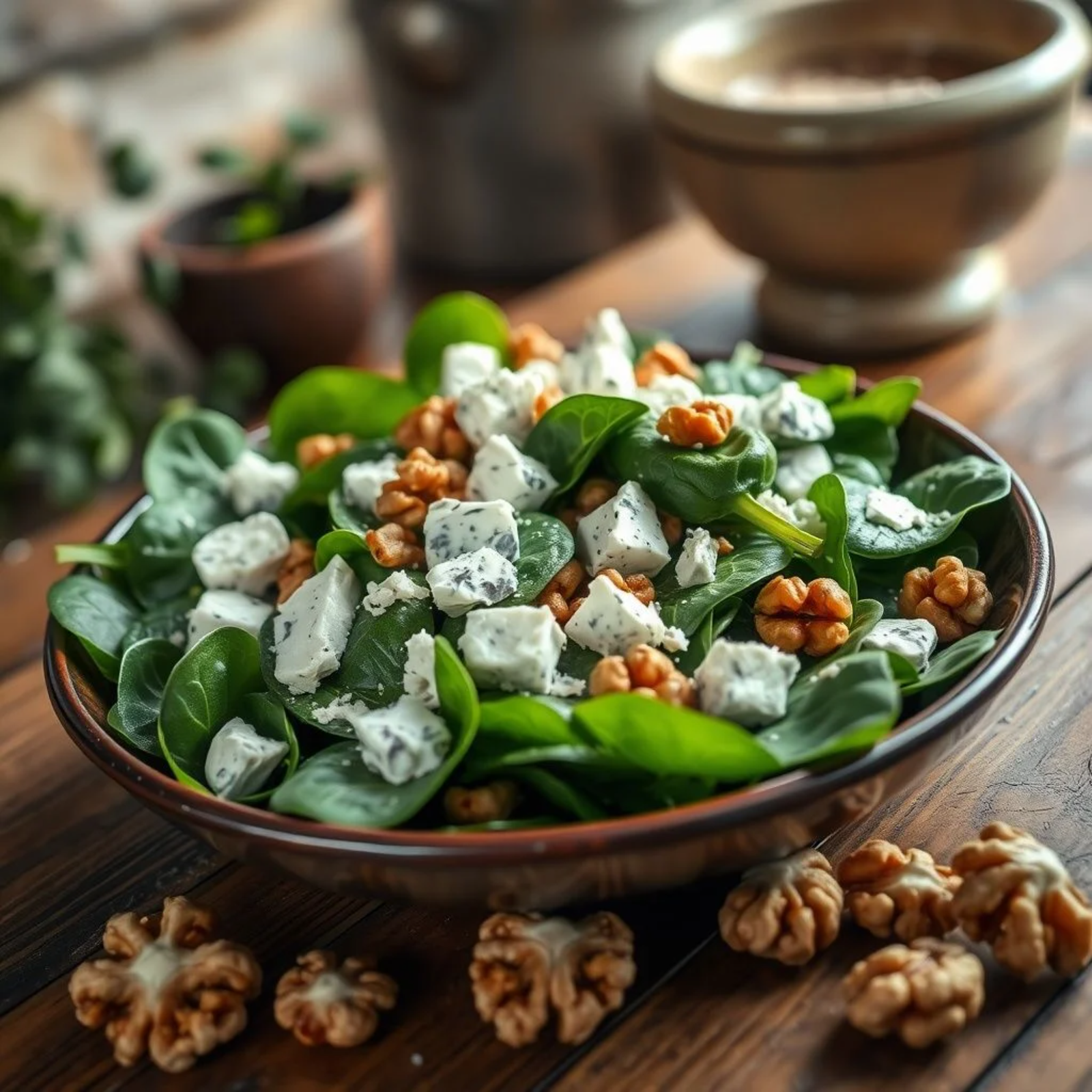 Ensalada de espinacas italiana con gorgonzola cremoso y nueces tostadas servida en bowl rústico