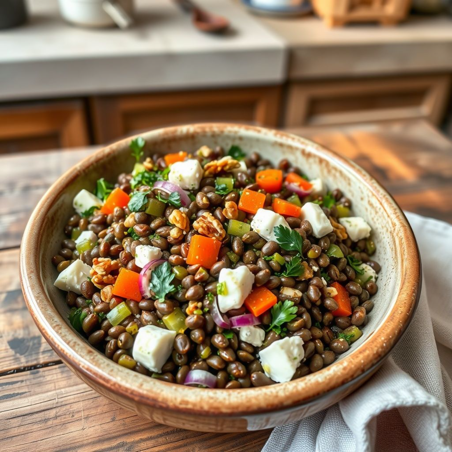 Ensalada de lentejas francesa servida en bowl rústico con queso de cabra y nueces sobre mesa de madera
