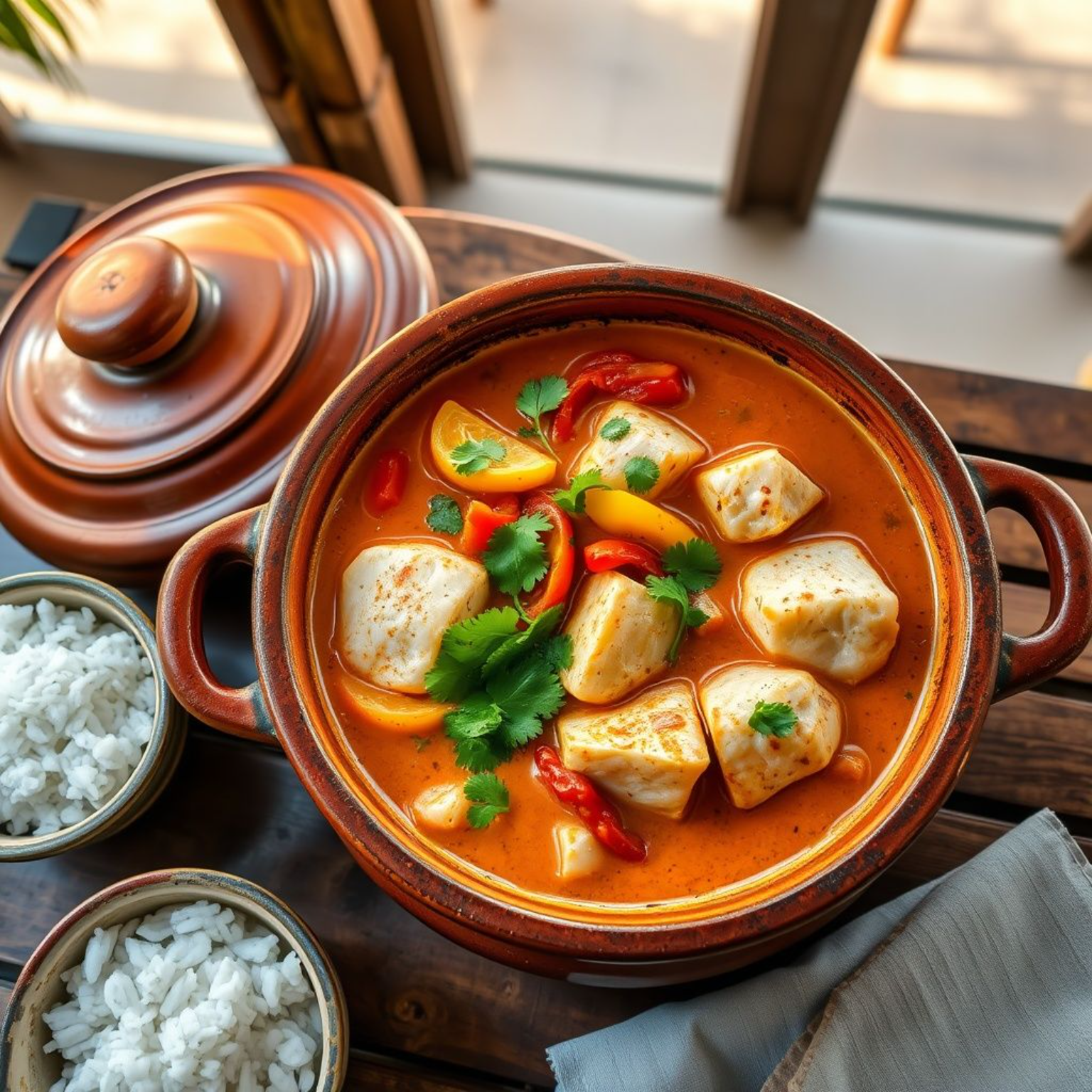 Moqueca de pescado brasileña servida en cazuela de barro tradicional con arroz blanco, farofa y limón