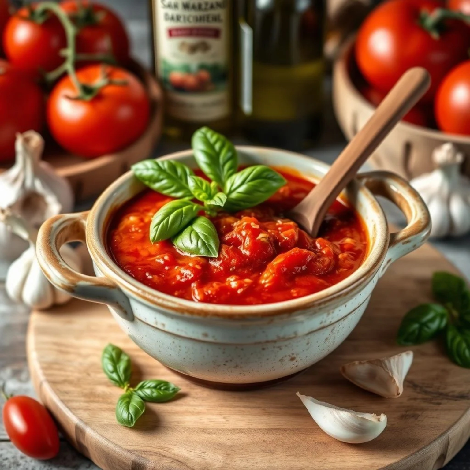 Salsa marinara casera italiana con albahaca fresca en bowl rústico
