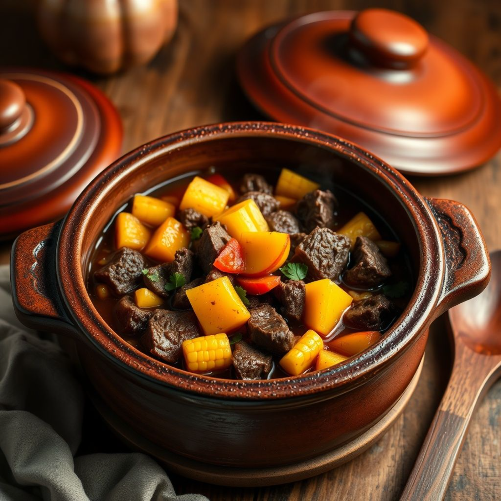Carbonada criolla argentina humeante servida en olla de barro tradicional con trozos de carne, verduras coloridas, choclos y duraznos visibles.