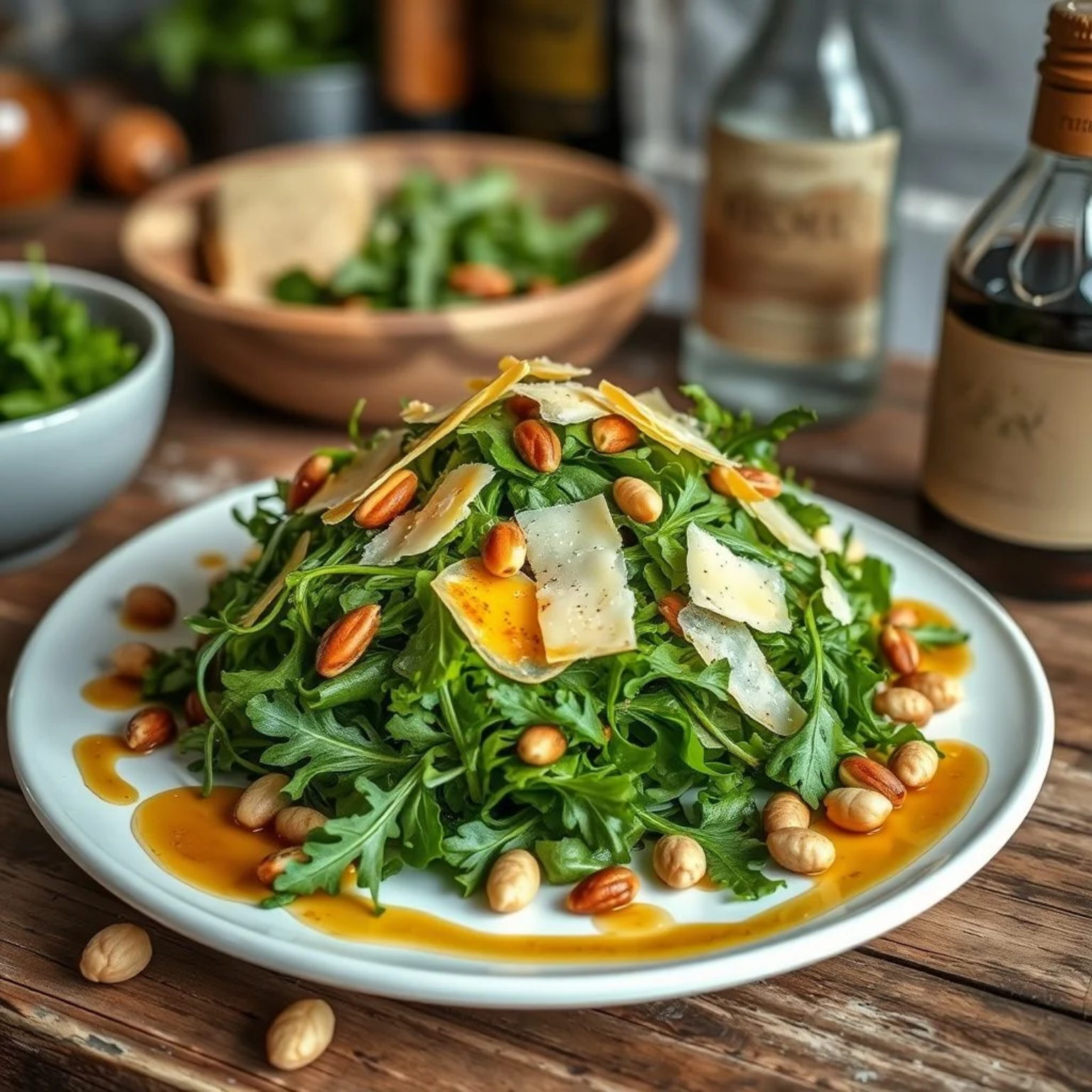Ensalada de rúcula italiana con láminas de parmesano y piñones tostados servida en plato blanco