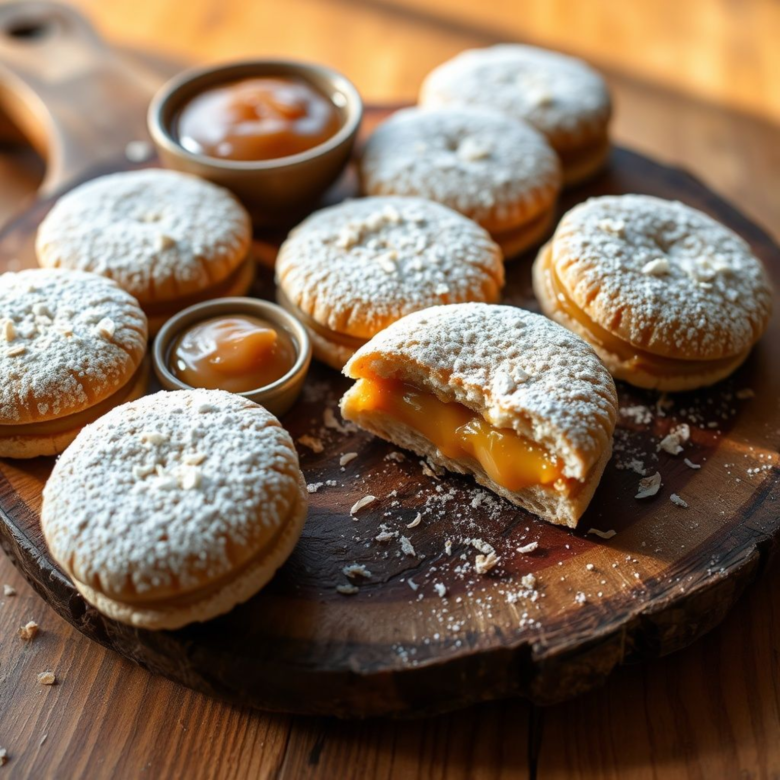 Alfajores argentinos tradicionales con dulce de leche y coco rallado en tabla rústica.