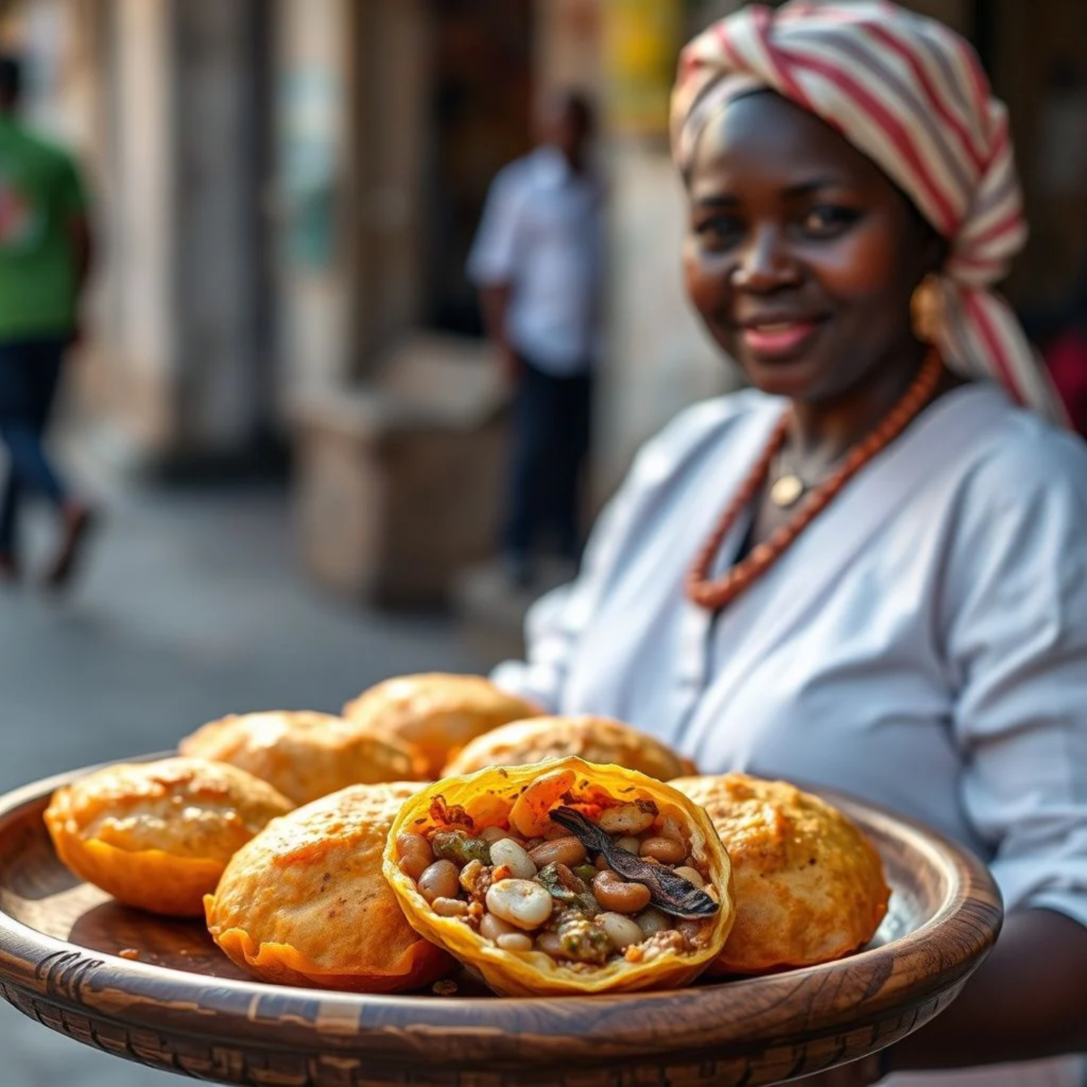 Traditional Brazilian acarajé street food - crispy bean fritters filled with vatapá, caruru and dried shrimp in Salvador, Bahia