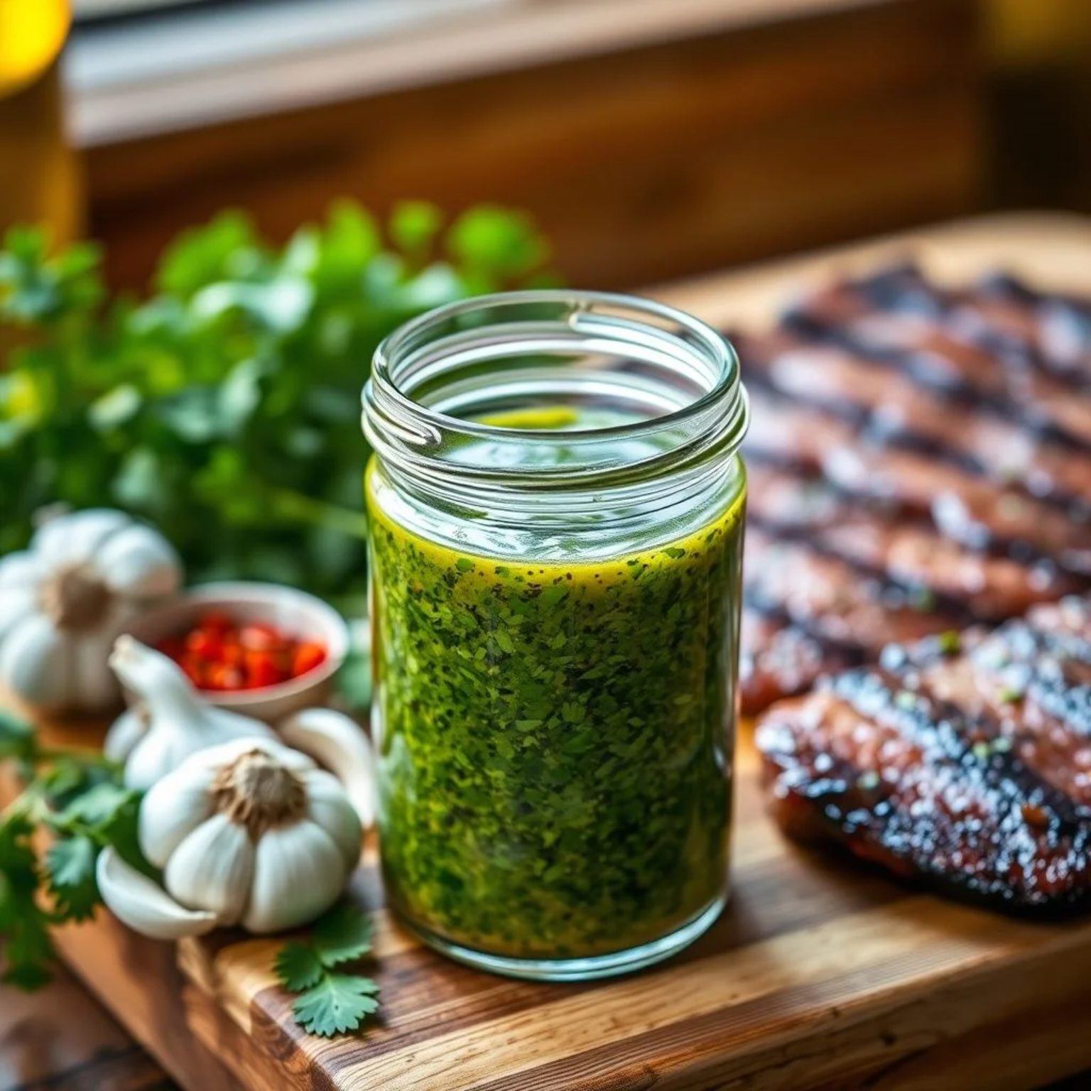 Traditional Argentine chimichurri sauce made with fresh herbs, garlic and olive oil served alongside grilled beef