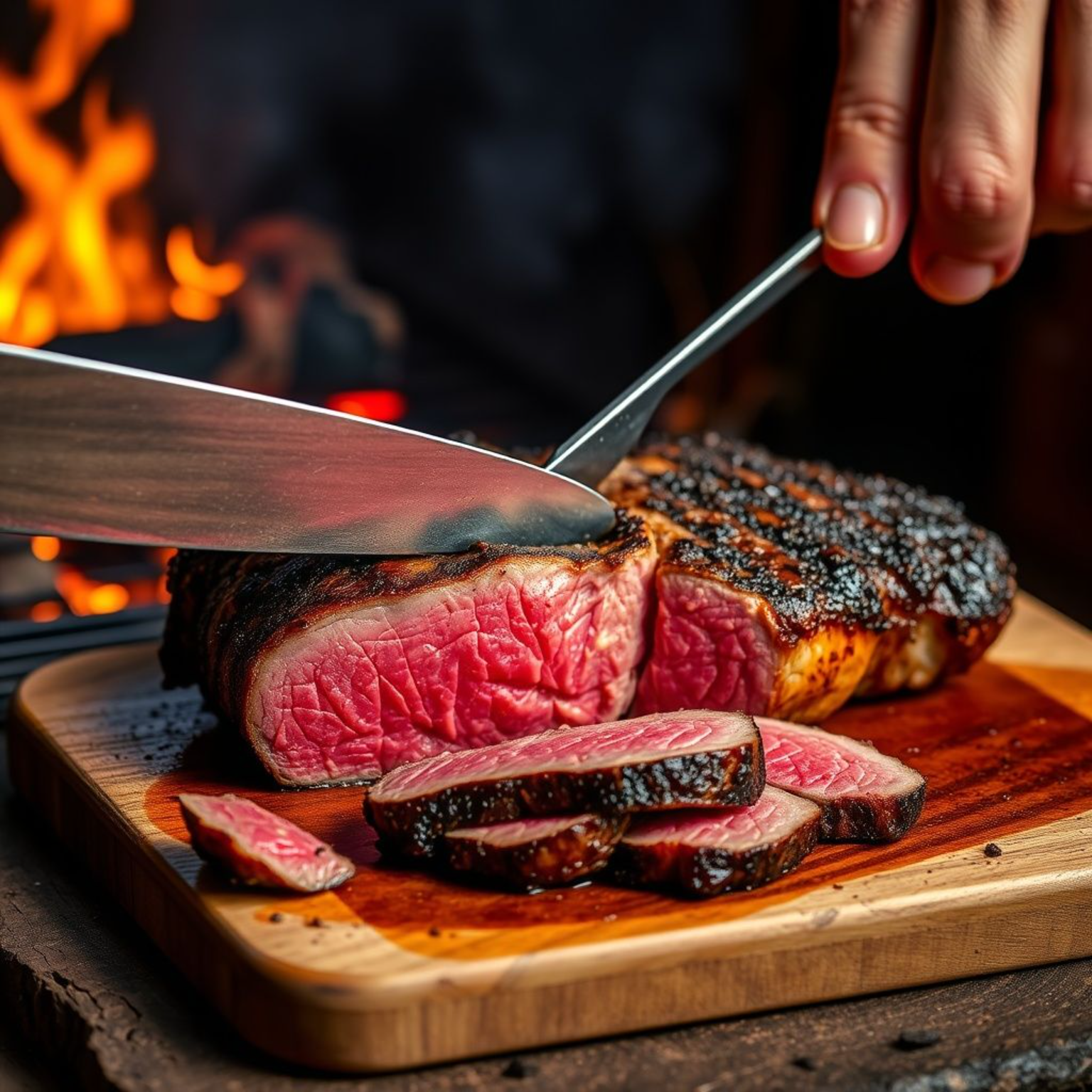 Traditional Brazilian picanha beef cut with caramelized crust being sliced, showing juicy red interior"