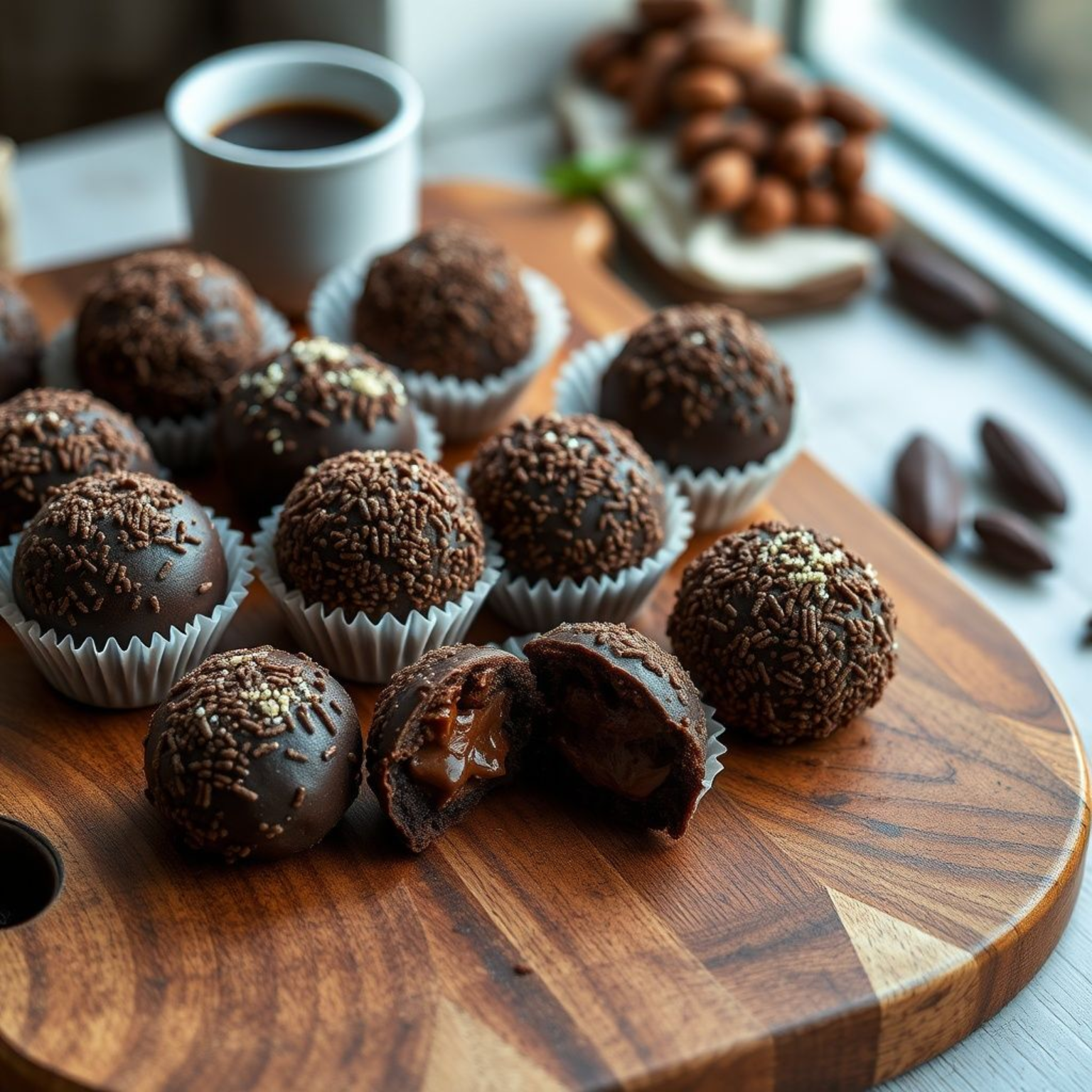 Brigadeiros brasileños tradicionales cubiertos de granulado de chocolate servidos en bandeja de madera