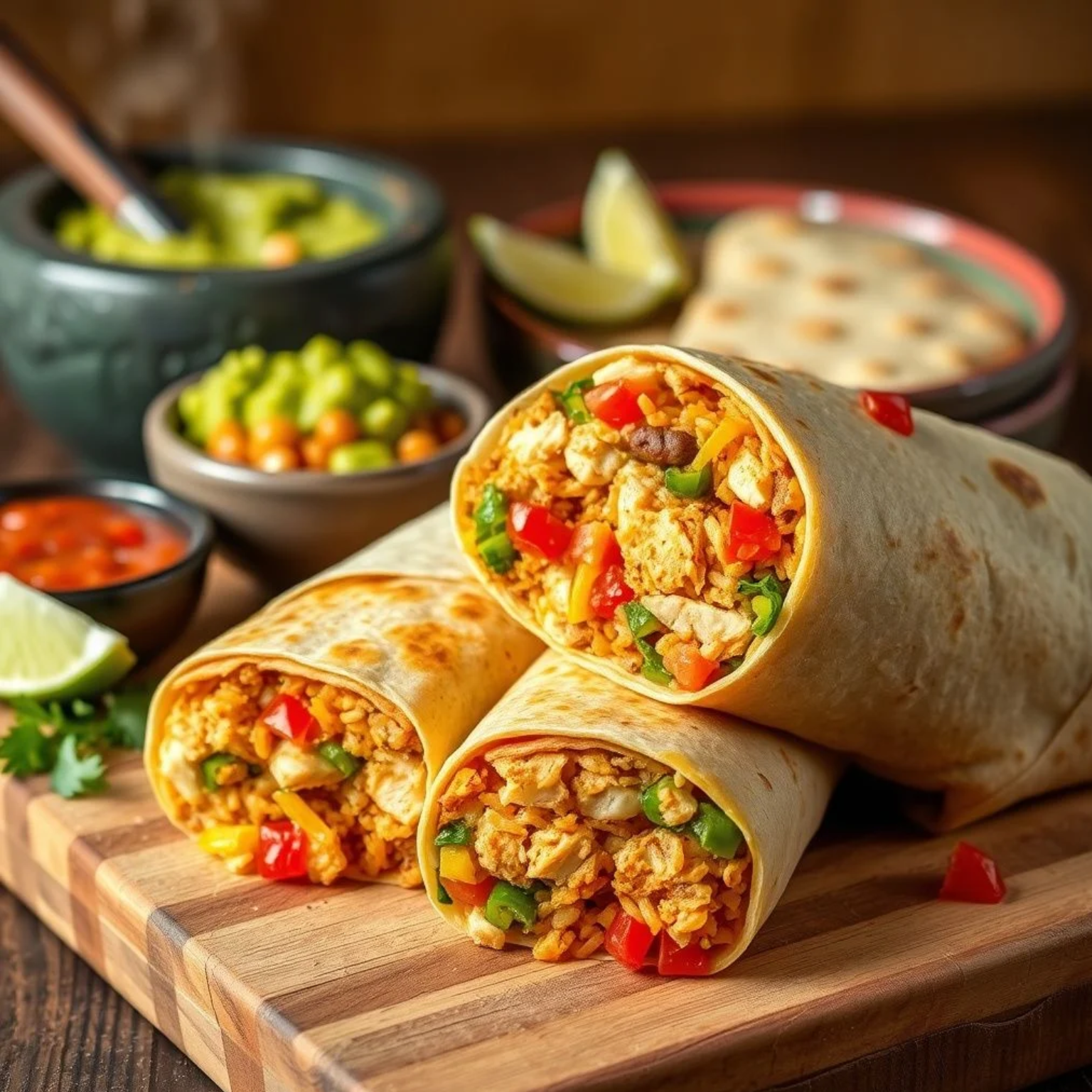 Deliciosos burritos de pollo caseros cortados diagonalmente mostrando el relleno colorido con guacamole y salsas