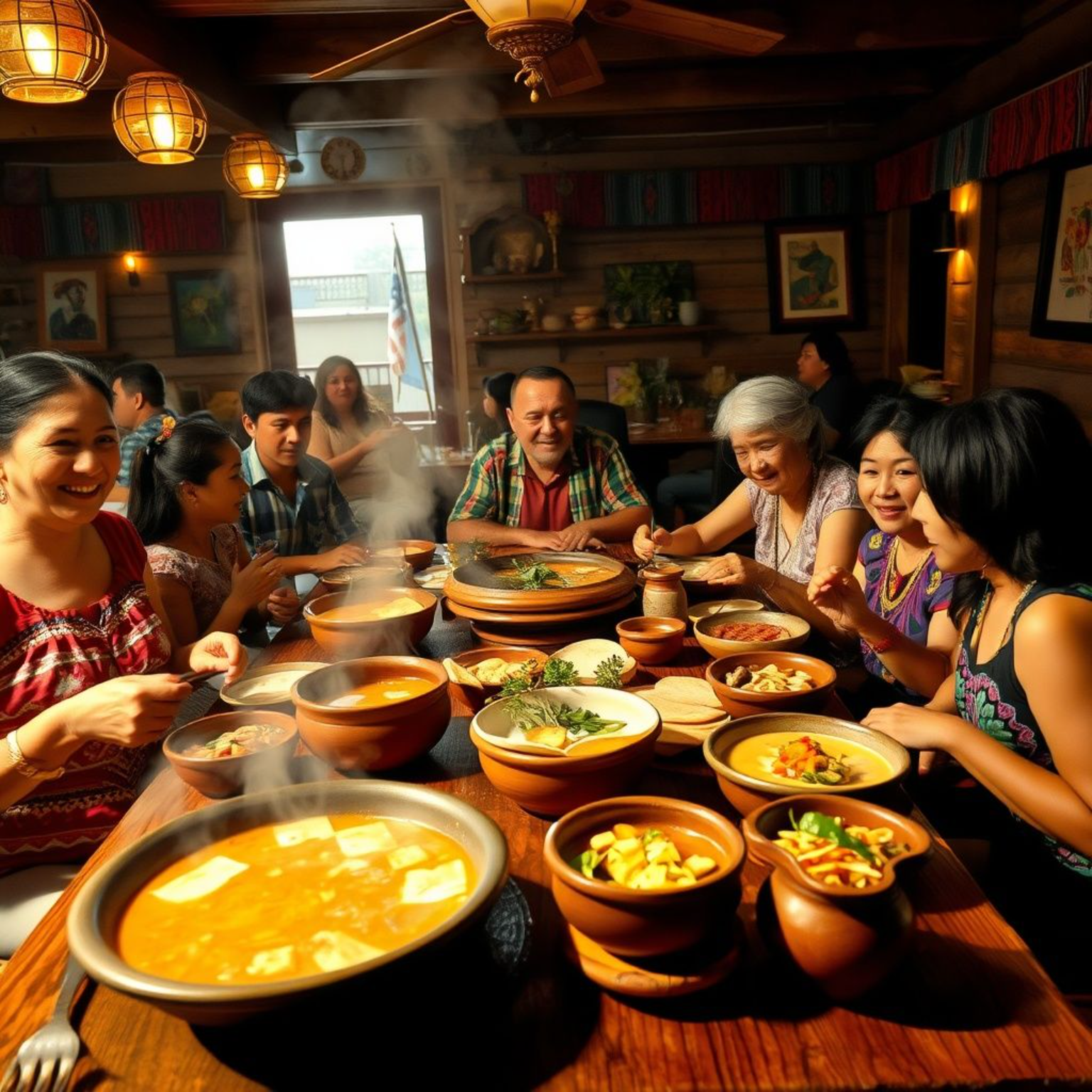 Cena familiar mexicana tradicional en cenaduria auténtica con platillos típicos como pozole, tlayudas y sopes