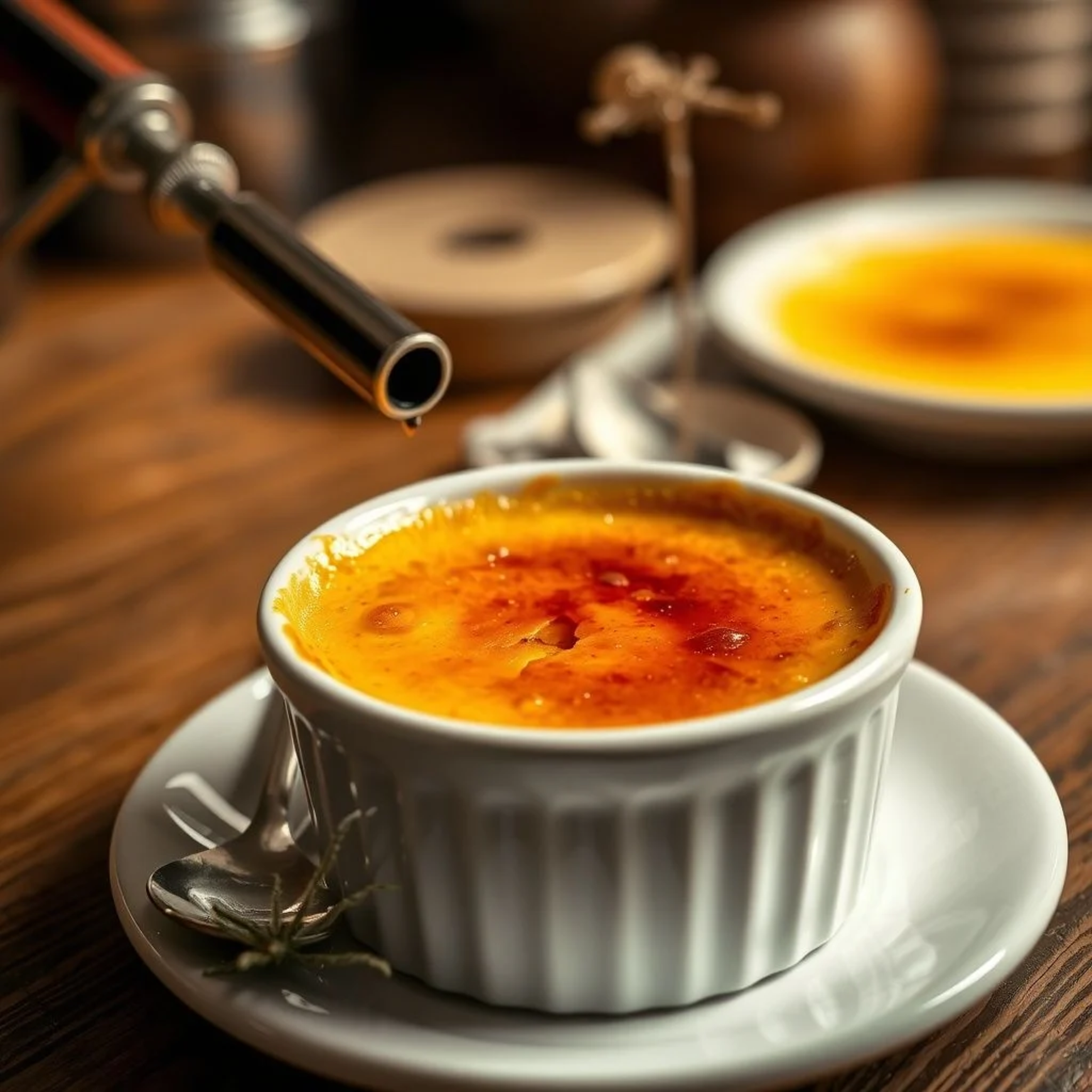 Crème brûlée francesa casera con superficie de azúcar caramelizada dorada y crema cremosa de vainilla en ramekin blanco sobre mesa de madera rústica