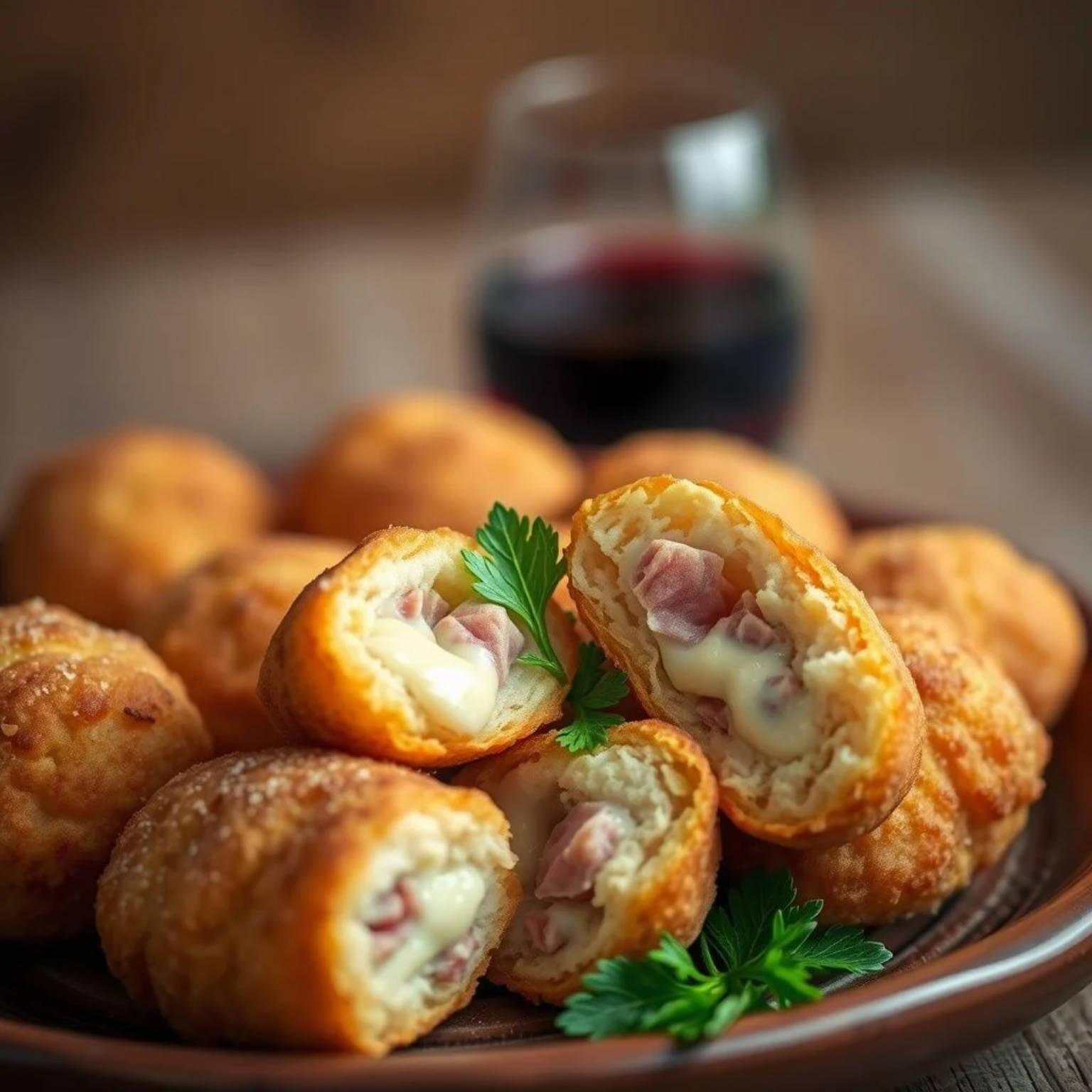 Croquetas caseras de jamón ibérico con exterior crujiente y relleno cremoso de bechamel, cortadas por la mitad mostrando su interior