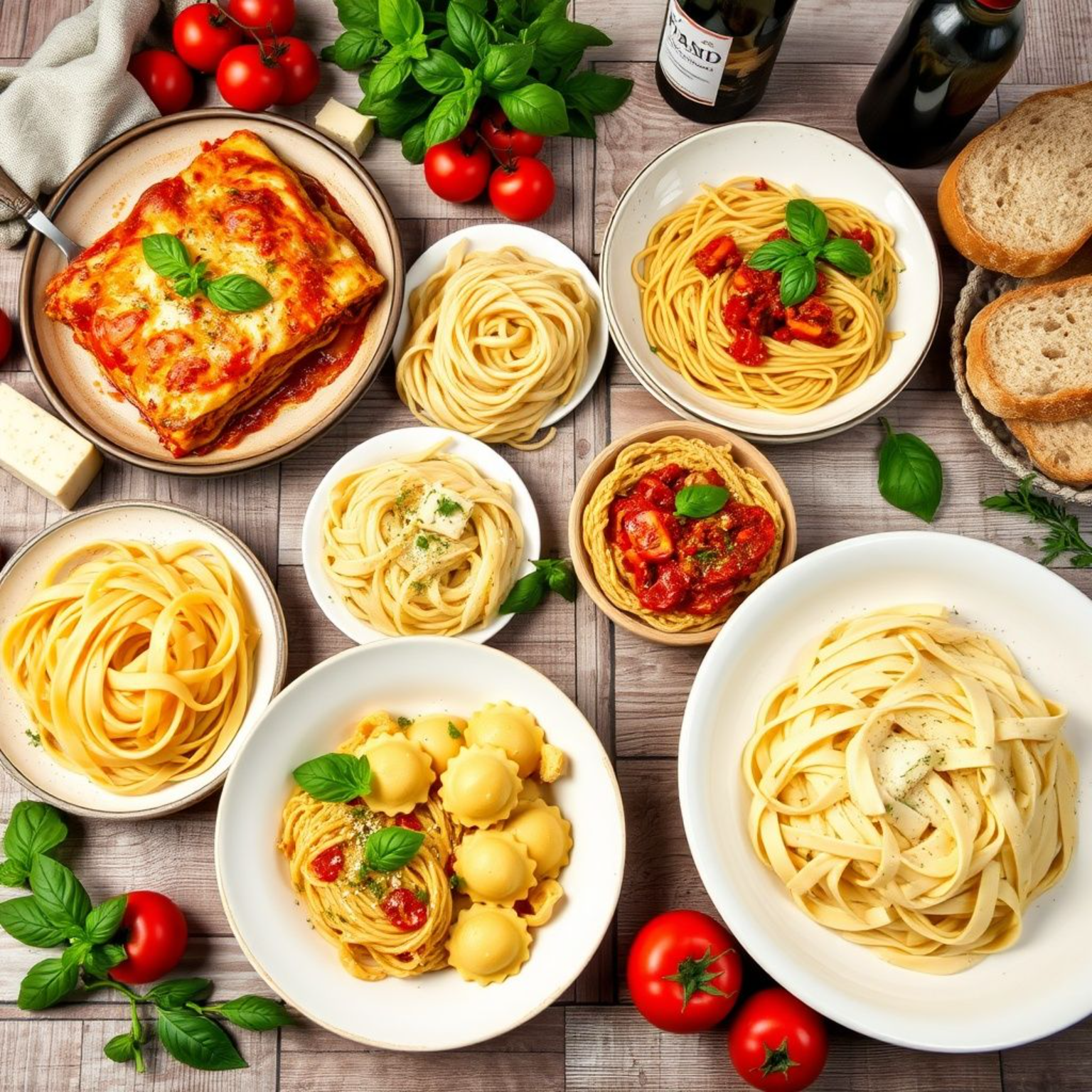 Variedad de pastas italianas servidas en una mesa rústica con ingredientes frescos como queso parmesano, albahaca, tomates y pan artesanal.