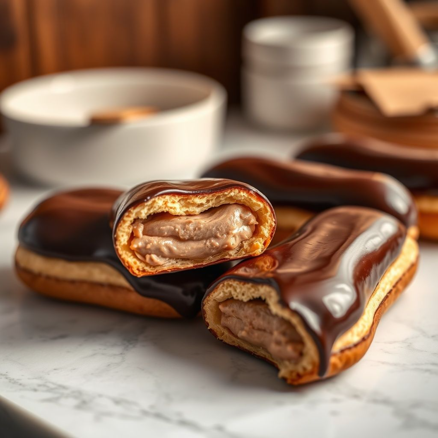 Éclairs de chocolate franceses con glacé brillante y crema pastelera, presentación profesional de pastelería