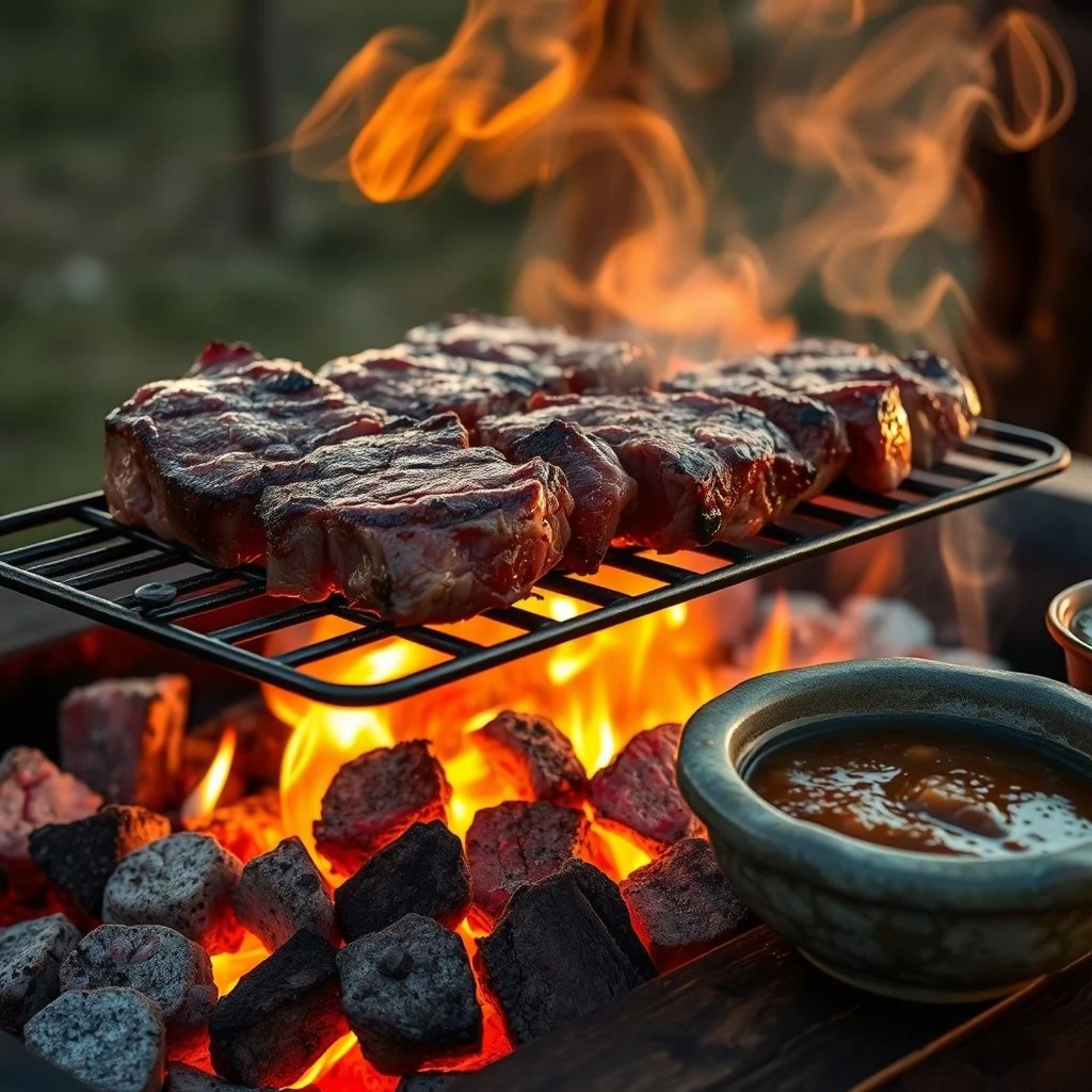 Asado argentino tradicional con cortes de carne vacuna sobre parrilla con brasas y chimichurri casero