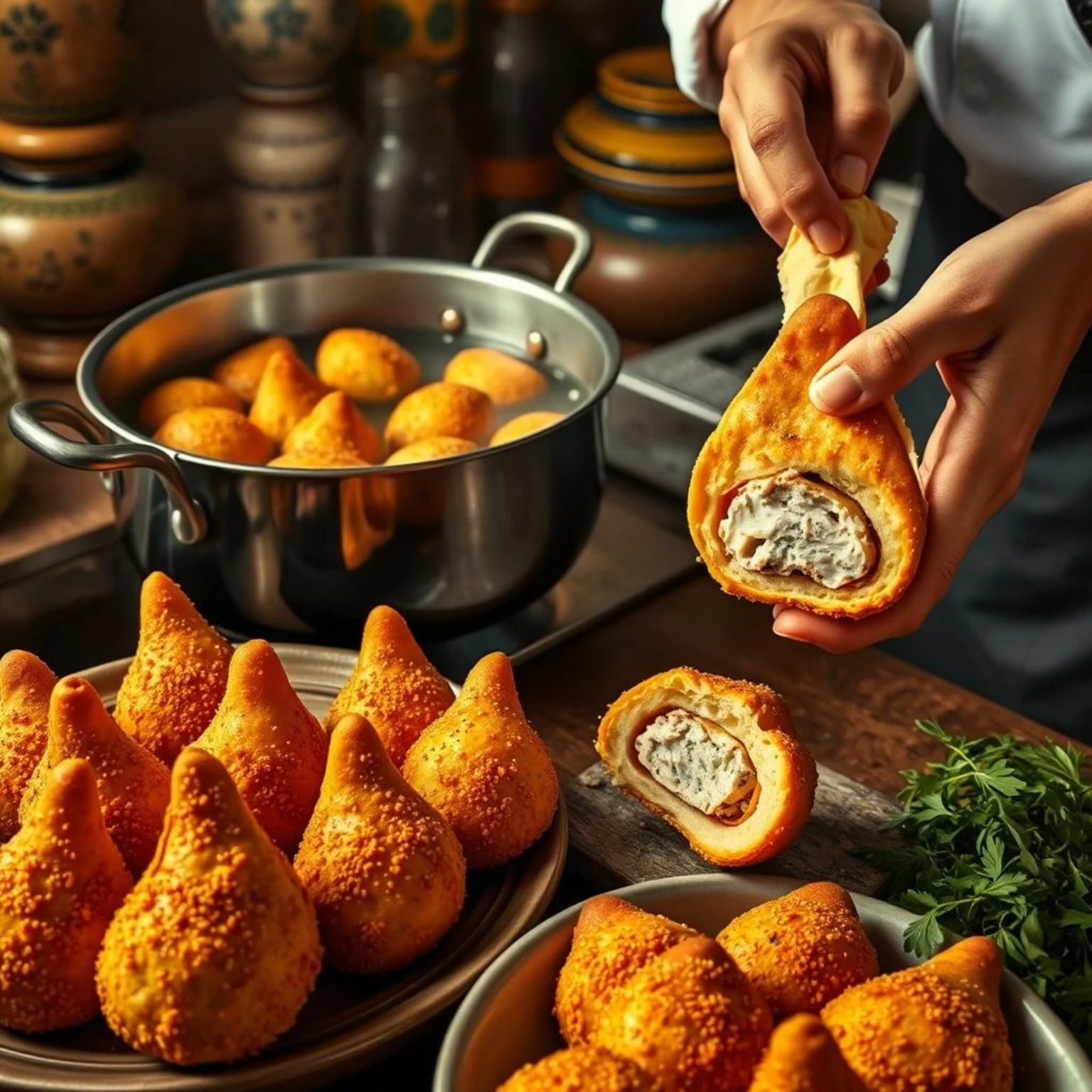 Preparación tradicional de coxinhas brasileñas mostrando su característico exterior crujiente y relleno jugoso de pollo.