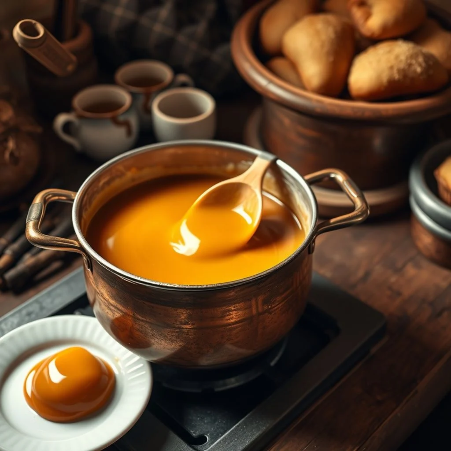 Preparación tradicional de dulce de leche casero argentino en olla de cobre, mostrando su característica textura sedosa y color ámbar.