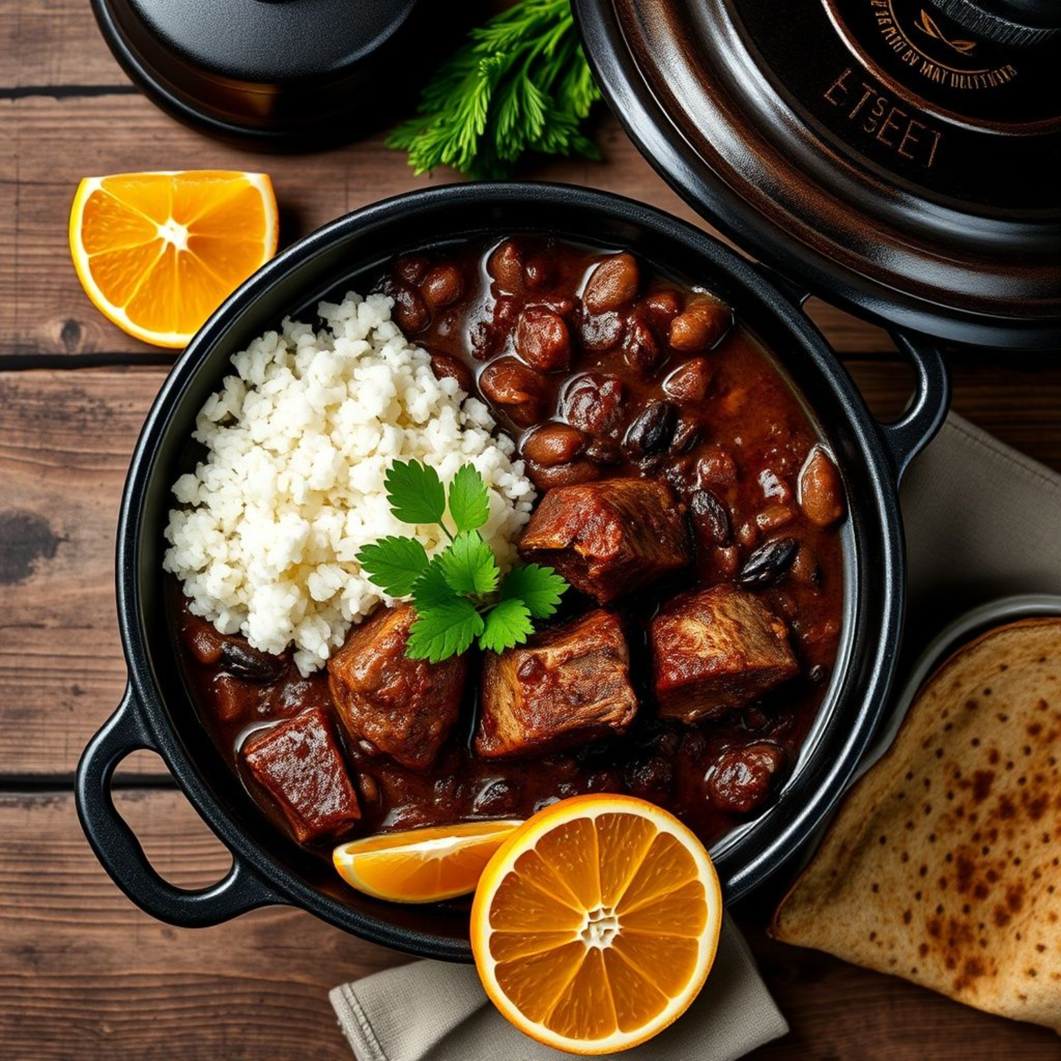 Feijoada brasileña servida con arroz blanco, naranjas, col verde y farofa en una mesa rústica