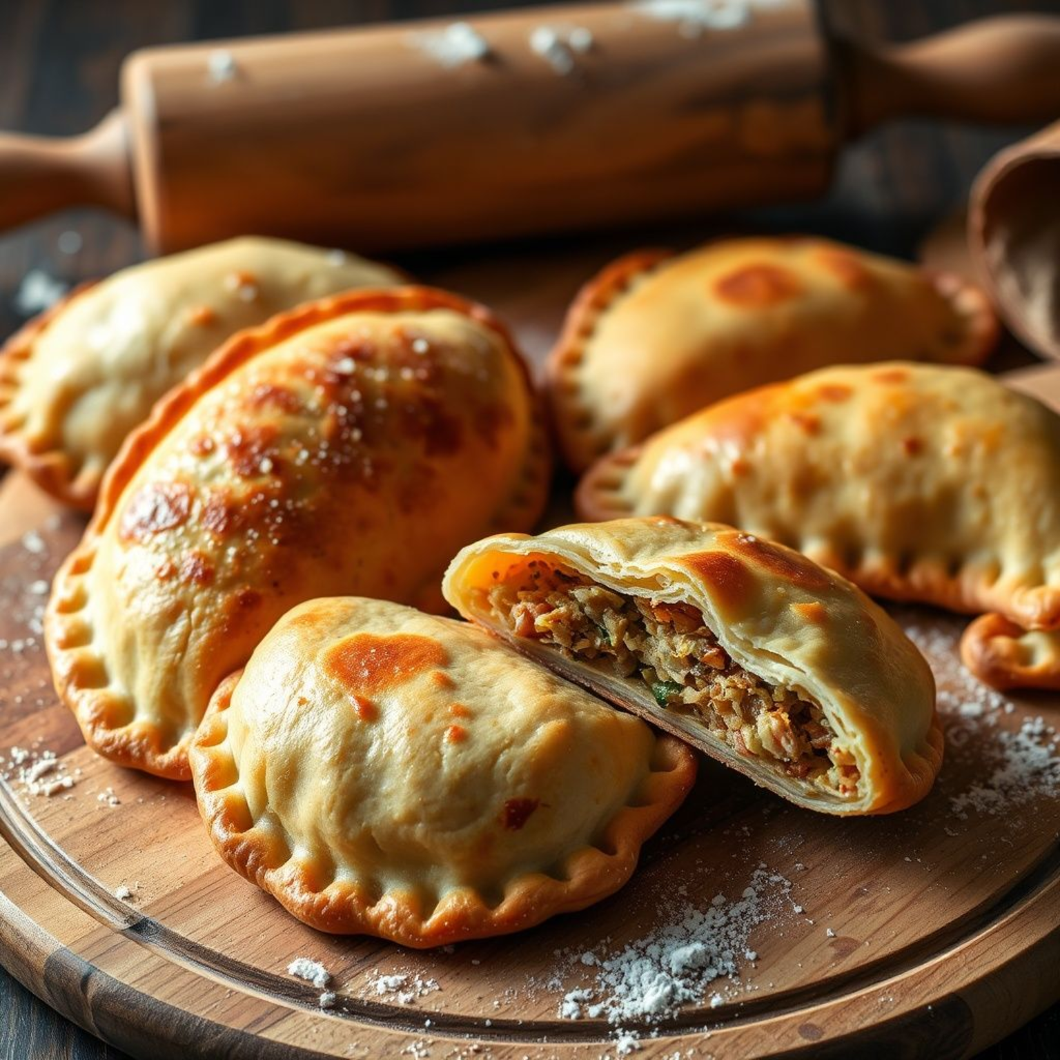 Empanadas argentinas crujientes recién horneadas mostrando su característico dorado y textura en capas