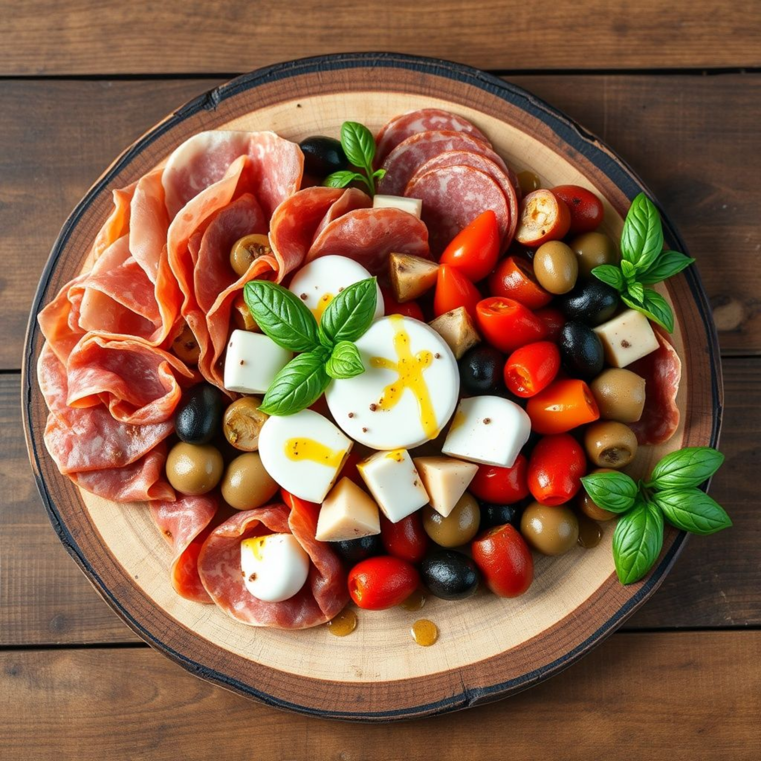 Ensalada antipasto italiana auténtica con embutidos prosciutto, salami, quesos mozzarella y parmigiano, aceitunas y vegetales mediterráneos