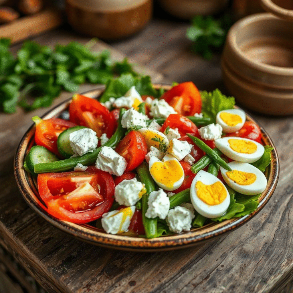 Ensalada Campesina Francesa - Receta Auténtica y Fácil (2) Ensalada campesina francesa auténtica con tomates frescos, pepinos, judías verdes, queso de cabra y vinagreta de aceite de oliva