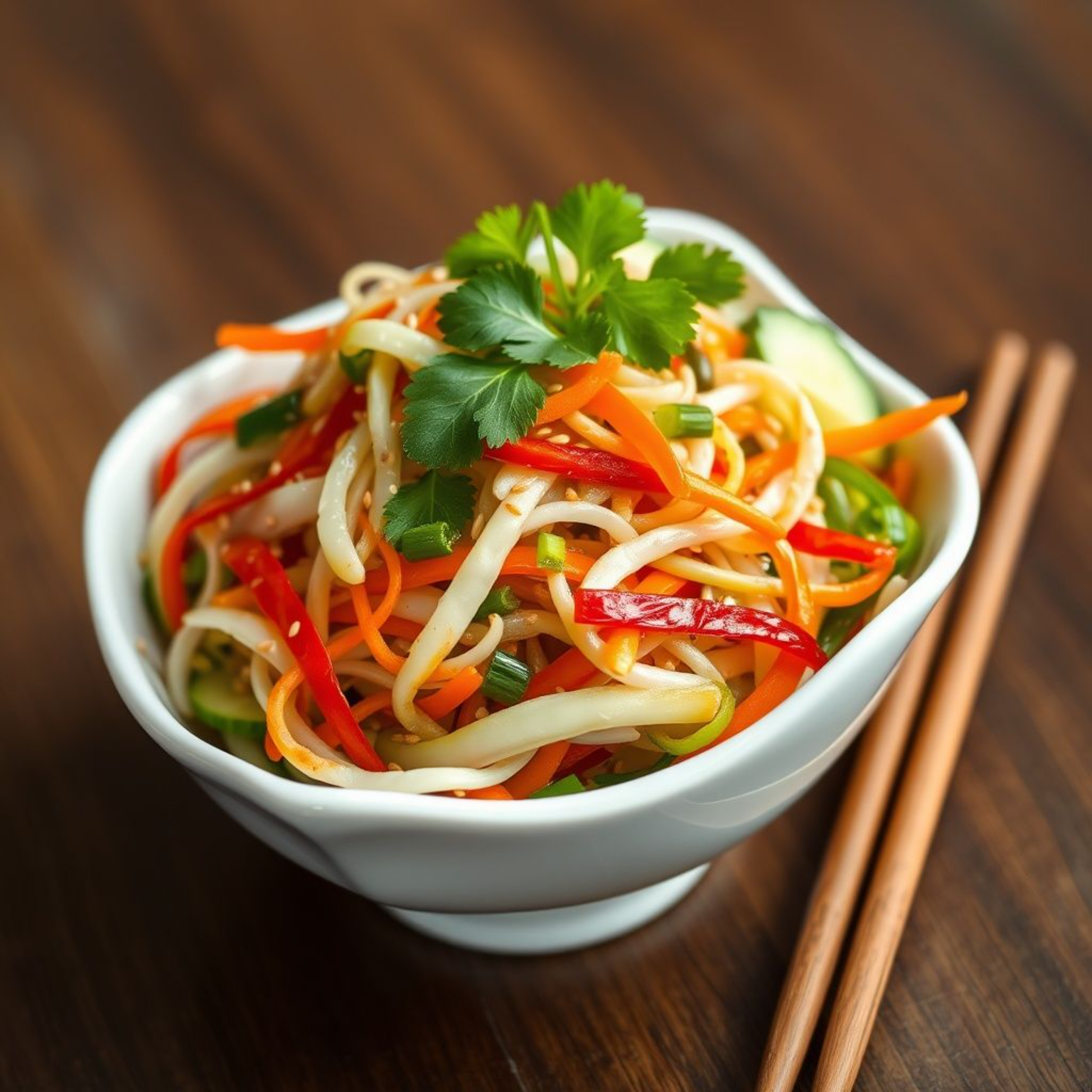 Ensalada china mixta con cinco especias servida en plato tradicional con verduras frescas y crujientes