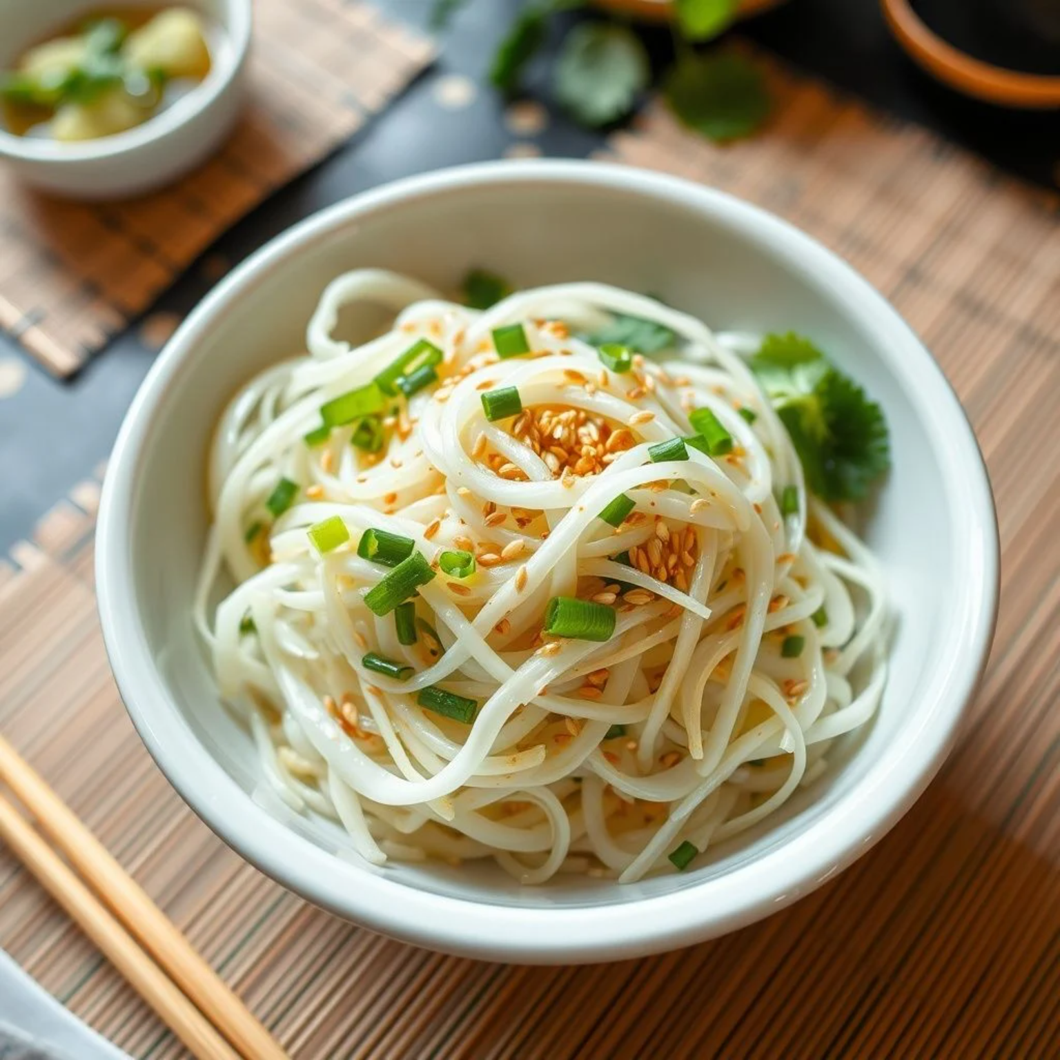 Ensalada china de col crujiente servida en bowl de porcelana blanca con aderezo agridulce, semillas de sésamo y cilantro fresco