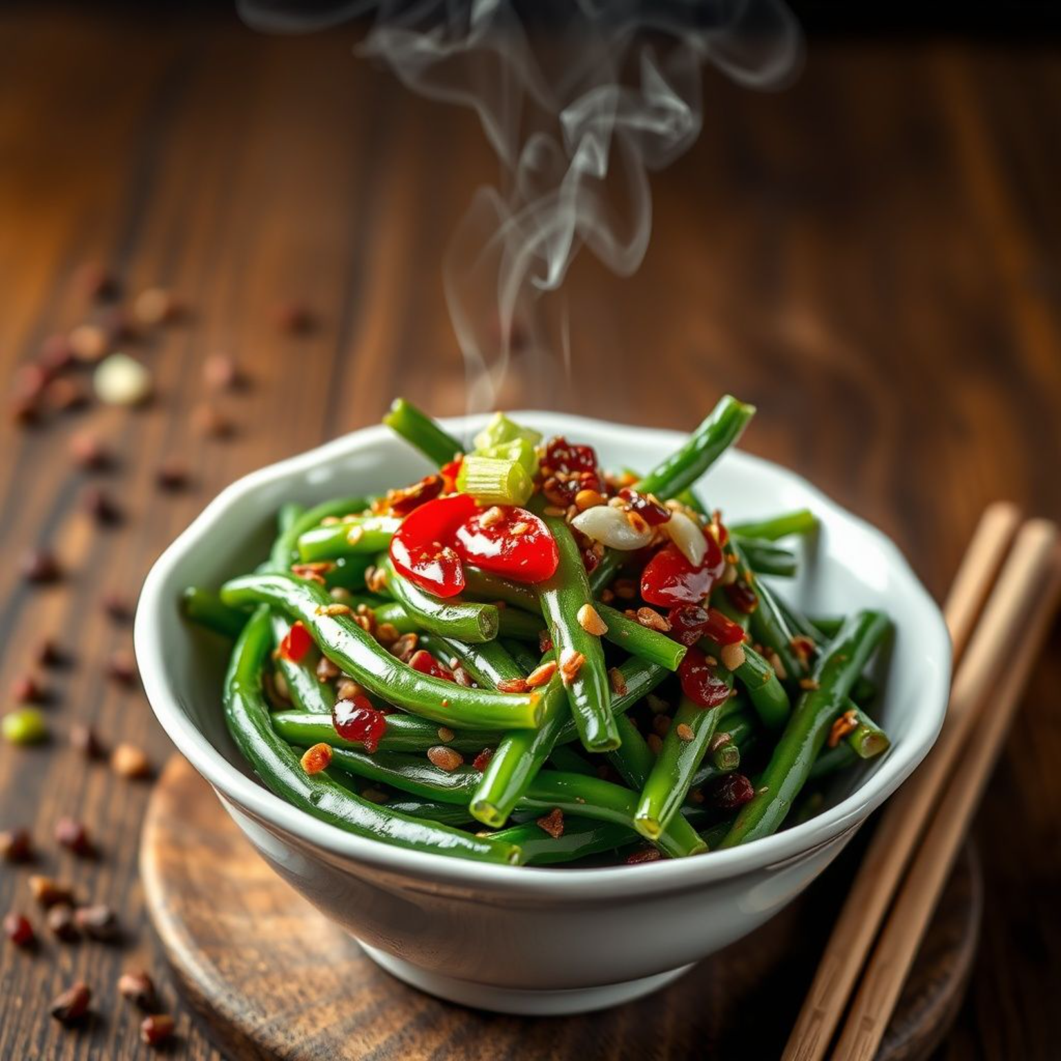 Auténtica ensalada china de judías verdes estilo Sichuan con pimienta ma la y aceite de chile