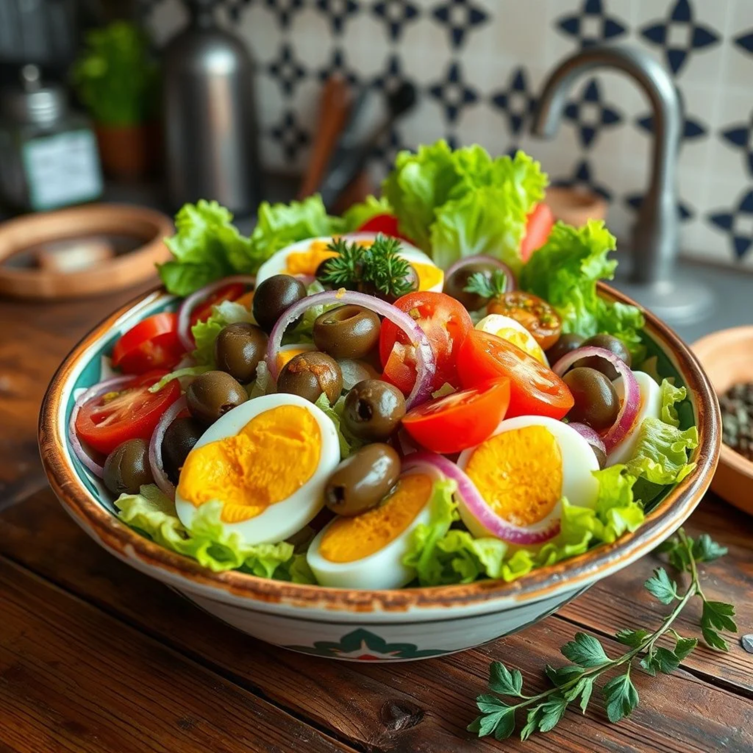 Ensalada española mixta tradicional con aceitunas mediterráneas servida en cuenco cerámico español