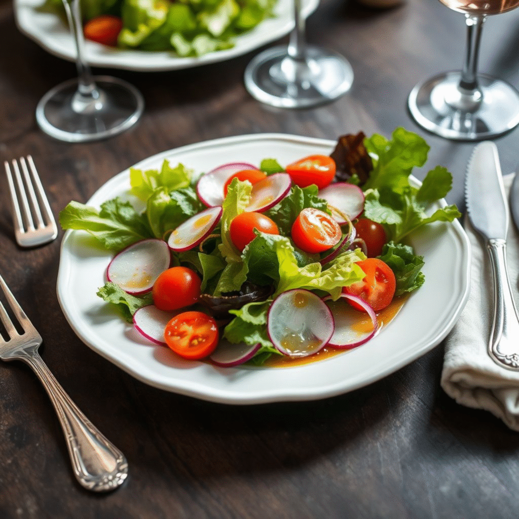 Ensalada Francesa con Vinagreta de Mostaza Dijon - Receta Auténtica 2 Ensalada francesa clásica con vinagreta de mostaza Dijon en plato elegante