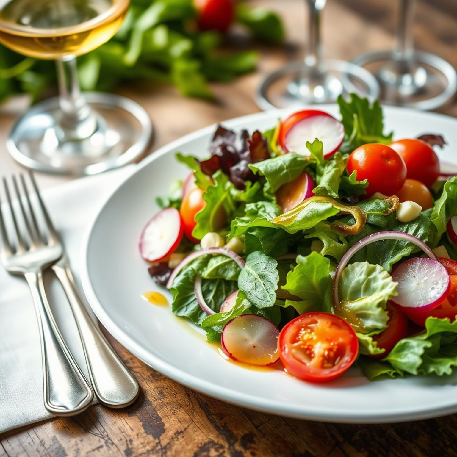 Ensalada francesa clásica con vinagreta de mostaza Dijon en plato elegante
