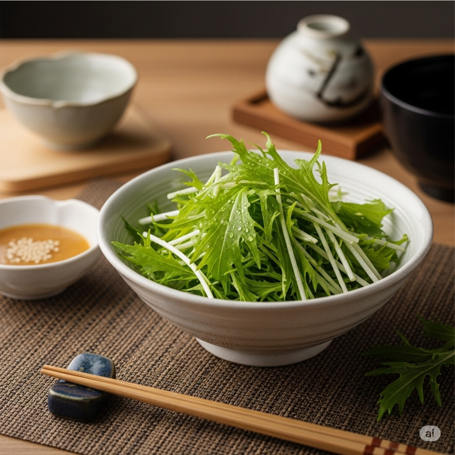 Ensalada japonesa mizuna fresca con hojas verdes delicadas servida en bowl cerámico tradicional con aderezo de sésamo y miso