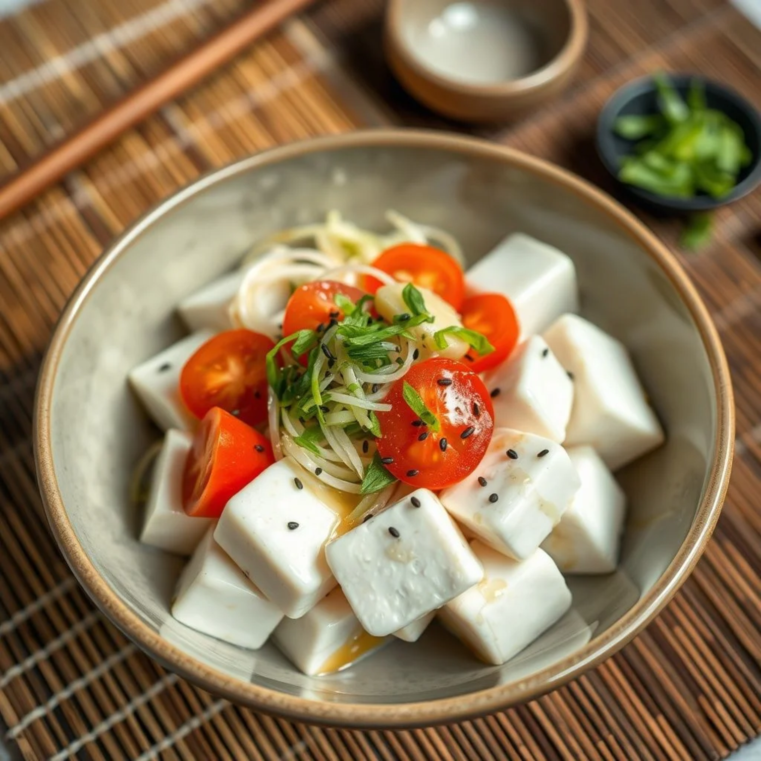 Ensalada japonesa de tofu silken cremoso con verduras frescas, aderezo de sésamo y semillas negras en bowl de cerámica tradicional japonesa