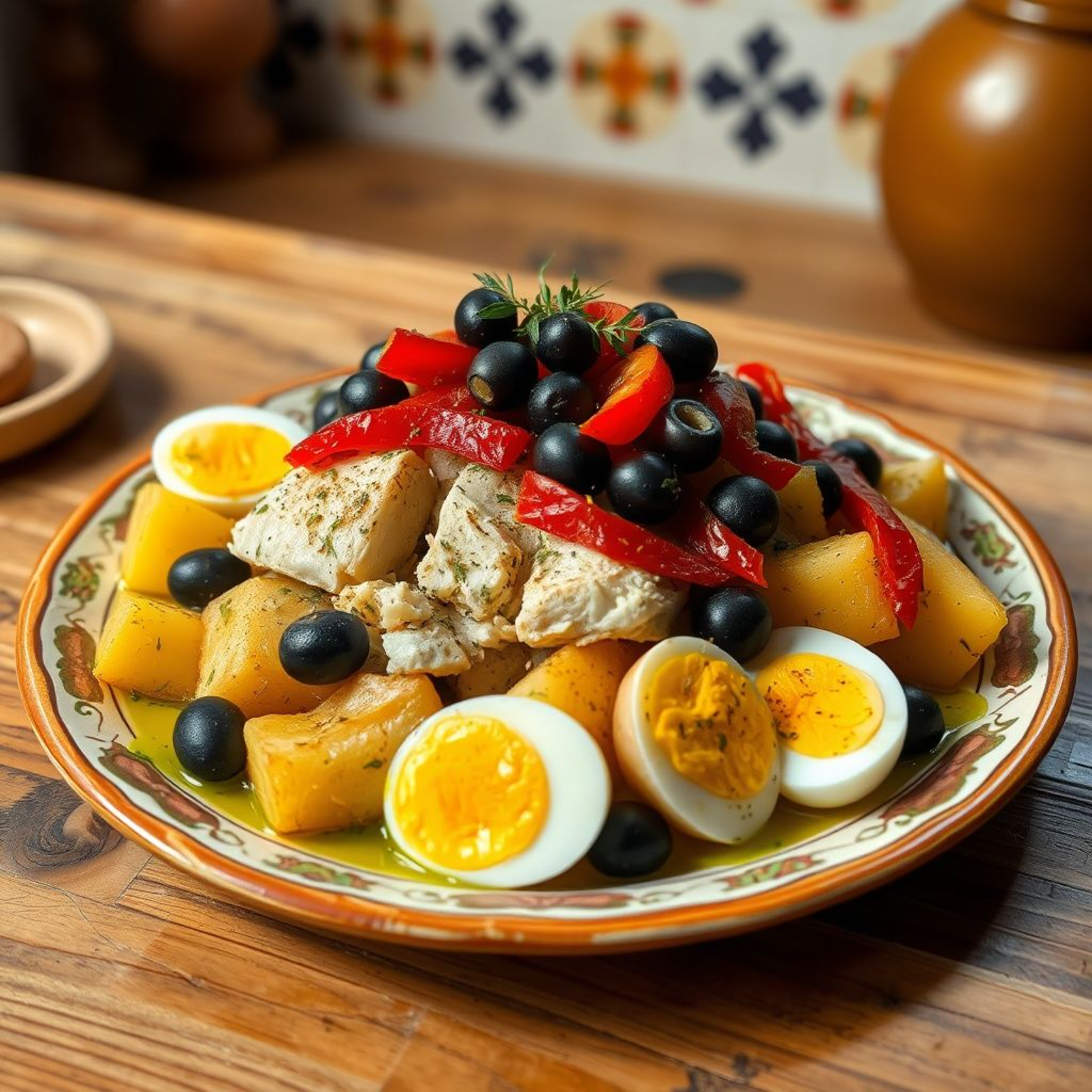 Ensalada malagueña tradicional española con bacalao desalado y patatas servida en plato cerámico